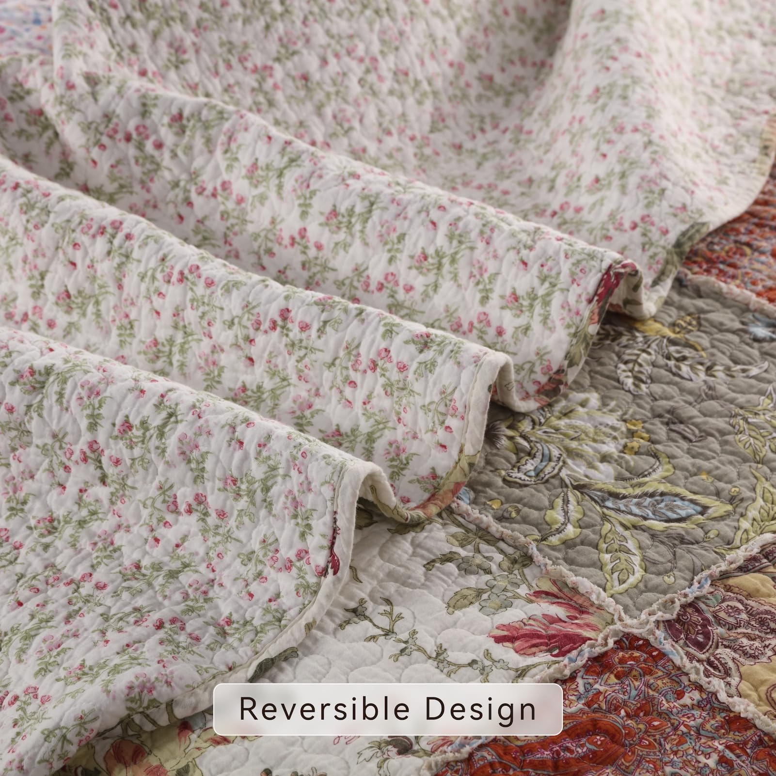YAYIDAY Copriletto King Size 100% Cotone - Trapuntato Reversibile Floreale - Set Con 2 Federe - 269x249 Cm - Adatto Tutte Le Stagioni