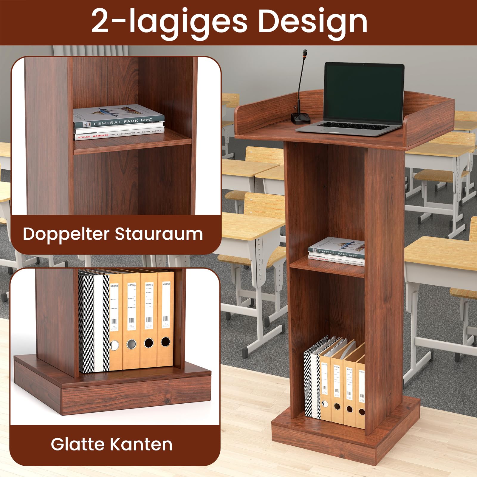 uyoyous Podium stehend, aus Holz, Präsentationspodium, Kirchenstuhl, Stehpult, tragbar, für Klassenzimmer, Büro, Konferenz, Esszimmer, Empfang, 60 x 40 x 120 cm