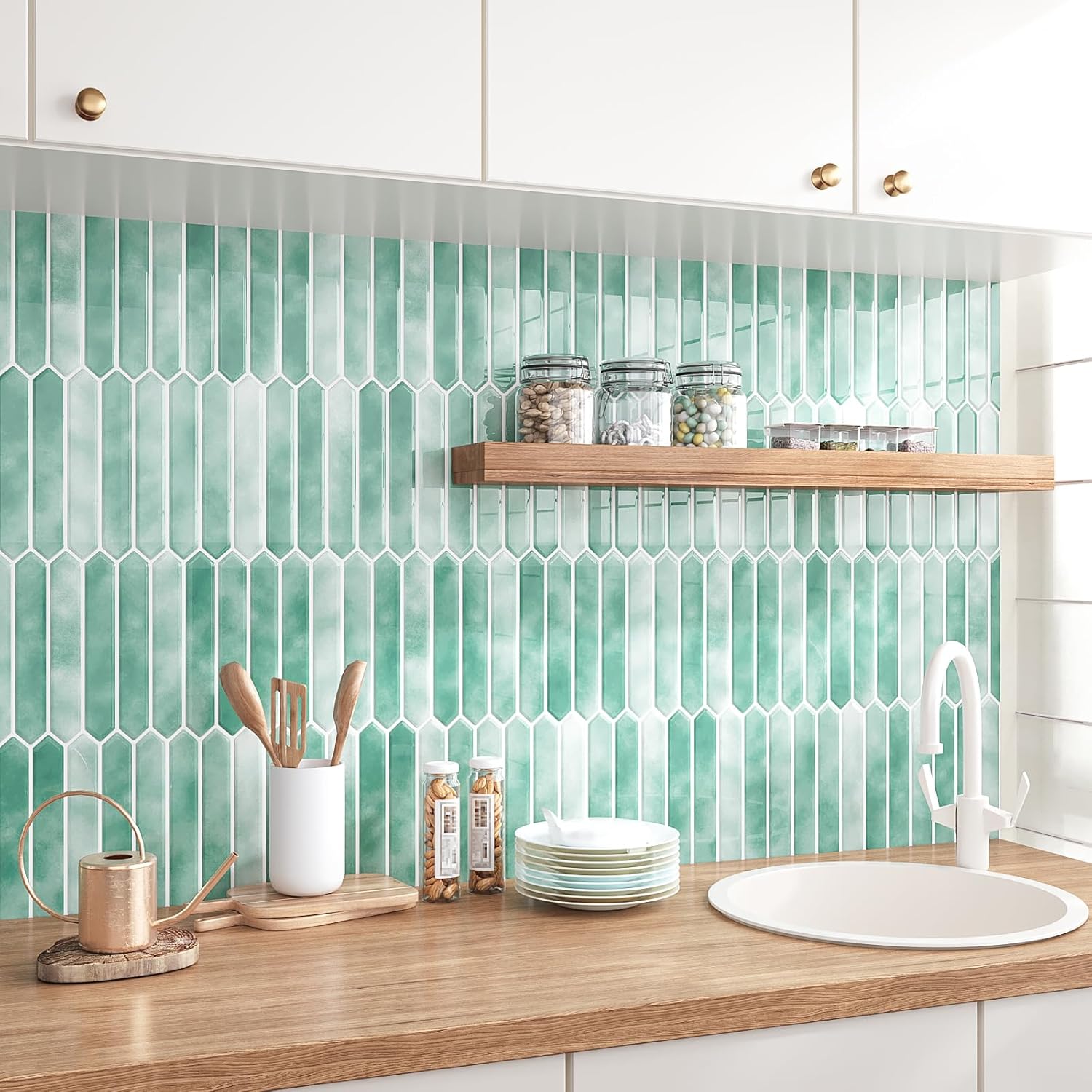 VEELIKE Long Hexagon Peel and Stick Backsplash for Kitchen Wall Self Adhesive Green Stick on Tiles for Backsplash Bathroom 12 Sheets Renter Friendly Back Splash Ceramic Tile for Fireplace RV 12''x12''