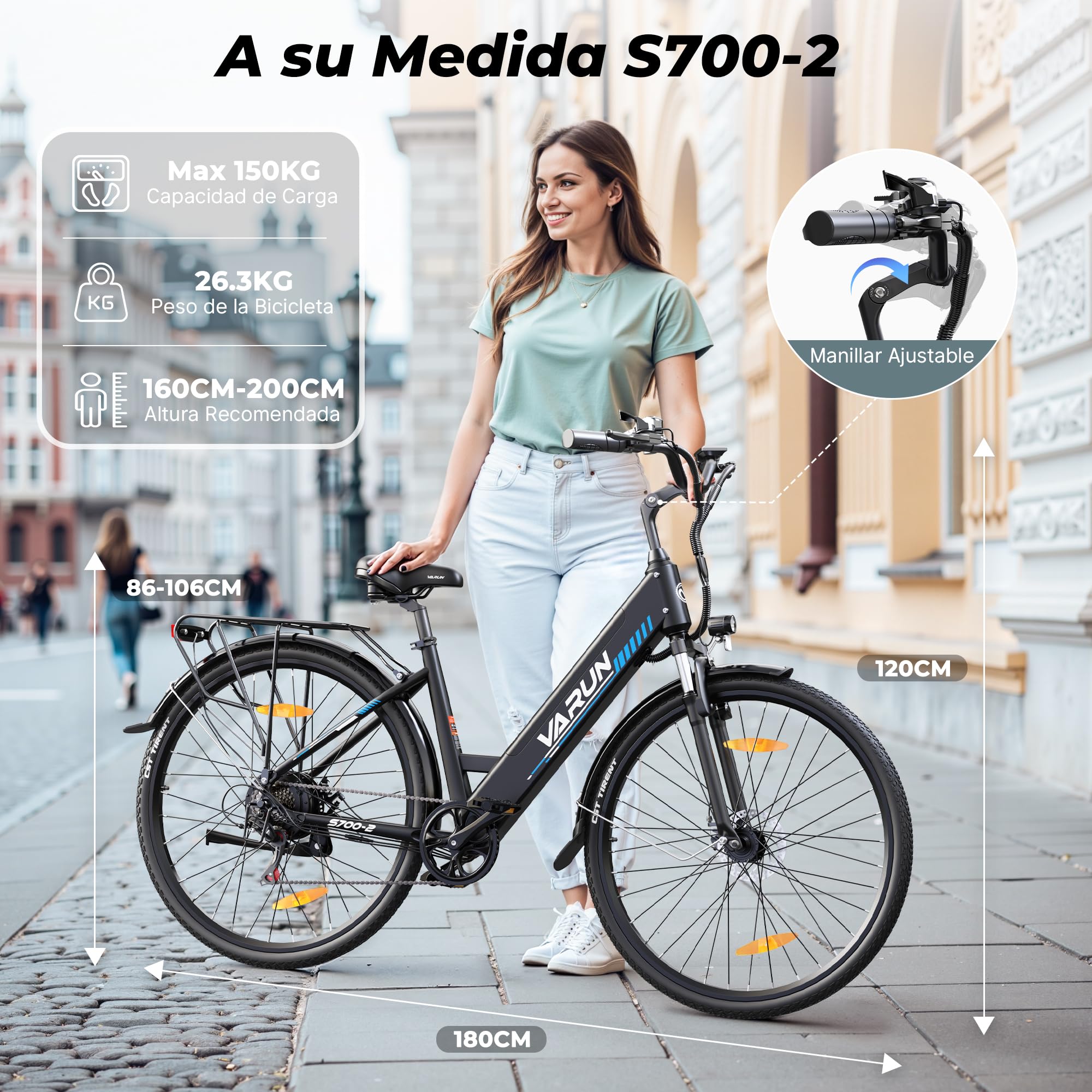 VARUN 28'' Bicicleta Electrica, Bici Electrica con Batería 48V 499.2Wh | Autonomía de 100km, Bicicleta Eléctrica Motor 250W, Aluminio, 7 Velocidad, E-Bike Hombres y Mujeres para Urbanos