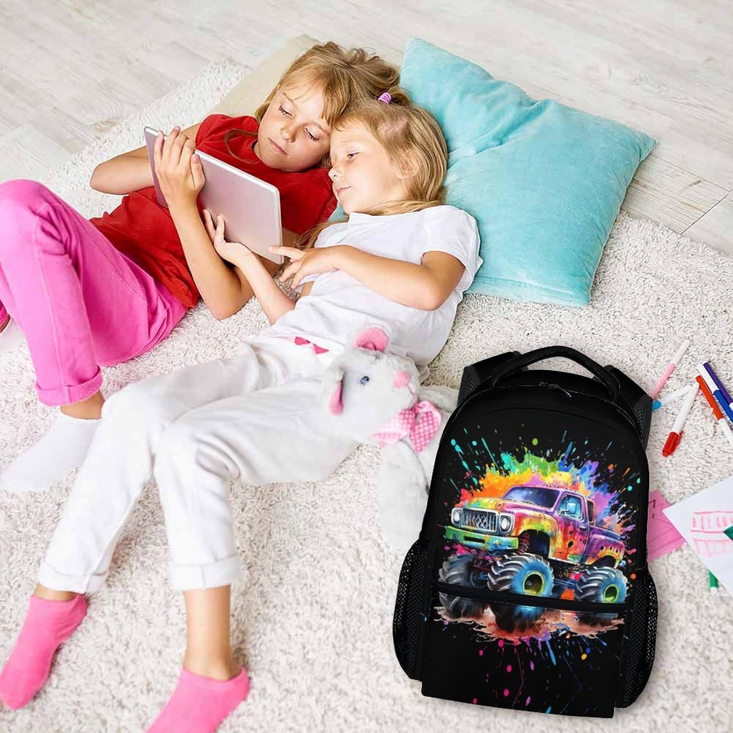 School Backpack for Boys Girls - Cute Truck Backpacks for Kids - 17" Large Capacity Black Lightweight Bookbag for Children, Cool School Supplies for Preschool Elementary