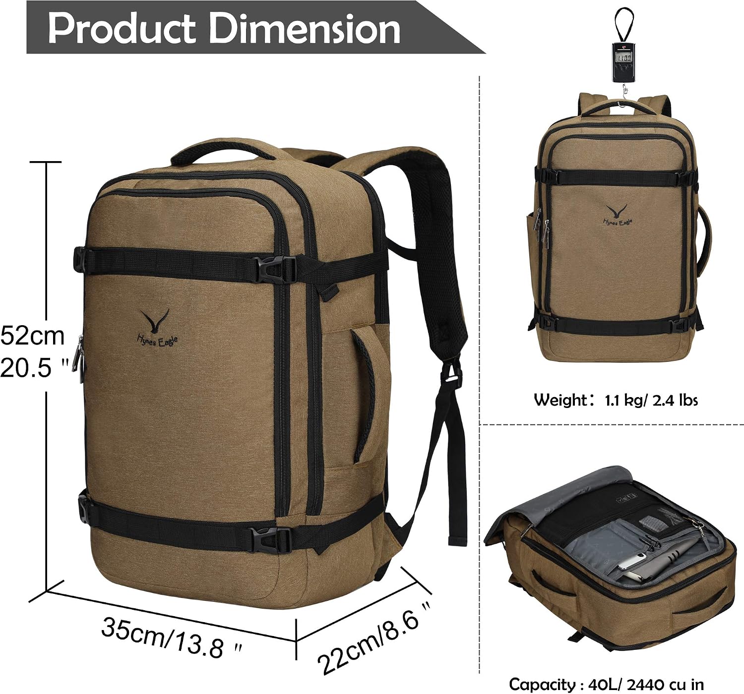 Hynes Eagle 40L Travel Backpack Airline Approved Carry on Backpack Suitcase Backpack Weekender Bag Backpack Luggage for Women Men, Brown