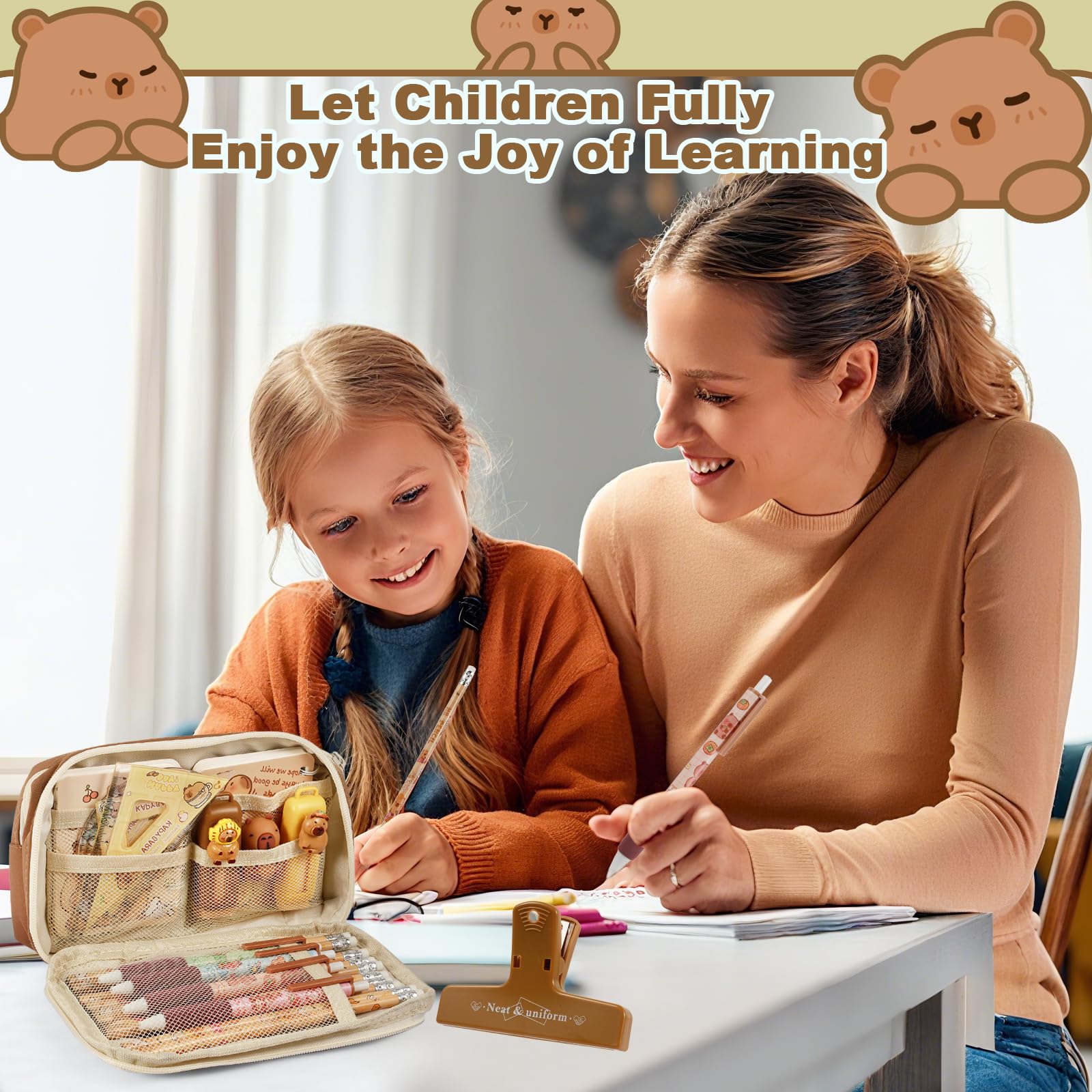 Realjoy 49-częściowy zestaw artykułów papierniczych z kapybarą, piórnik z notesem, długopisem gelowym, linijką, naklejkami, post-it itp., do szkoły, biura, dzieci i studentów, prezent na powrót do