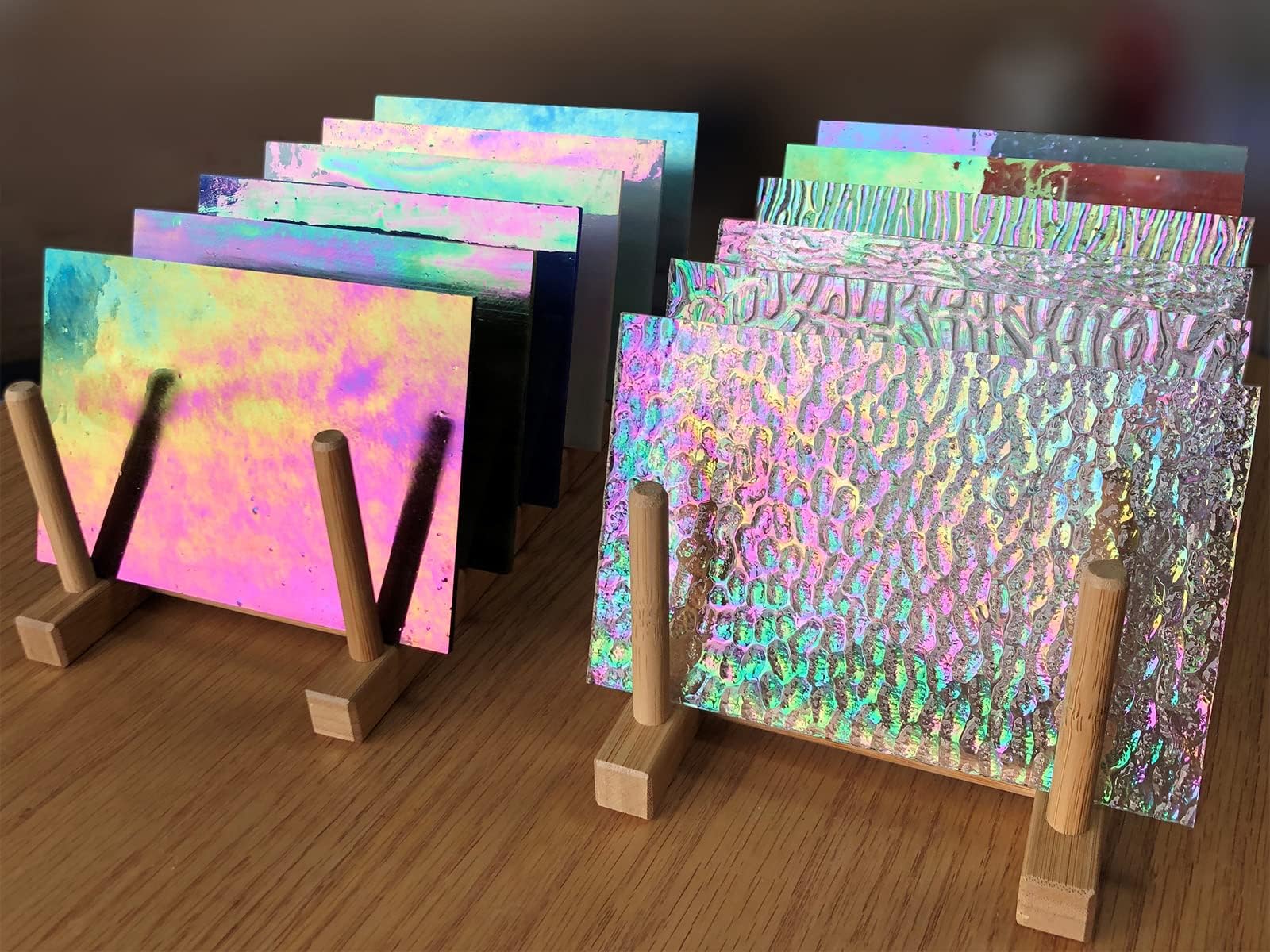 12 Sheets Iridescent Glass Stained Glass Sheets, 4x6 inch Glass Mosaic Tiles for Crafts, Cathedral Art Glass Pack, Assorted Colors (Iridized Opaque & Translucent Textures)