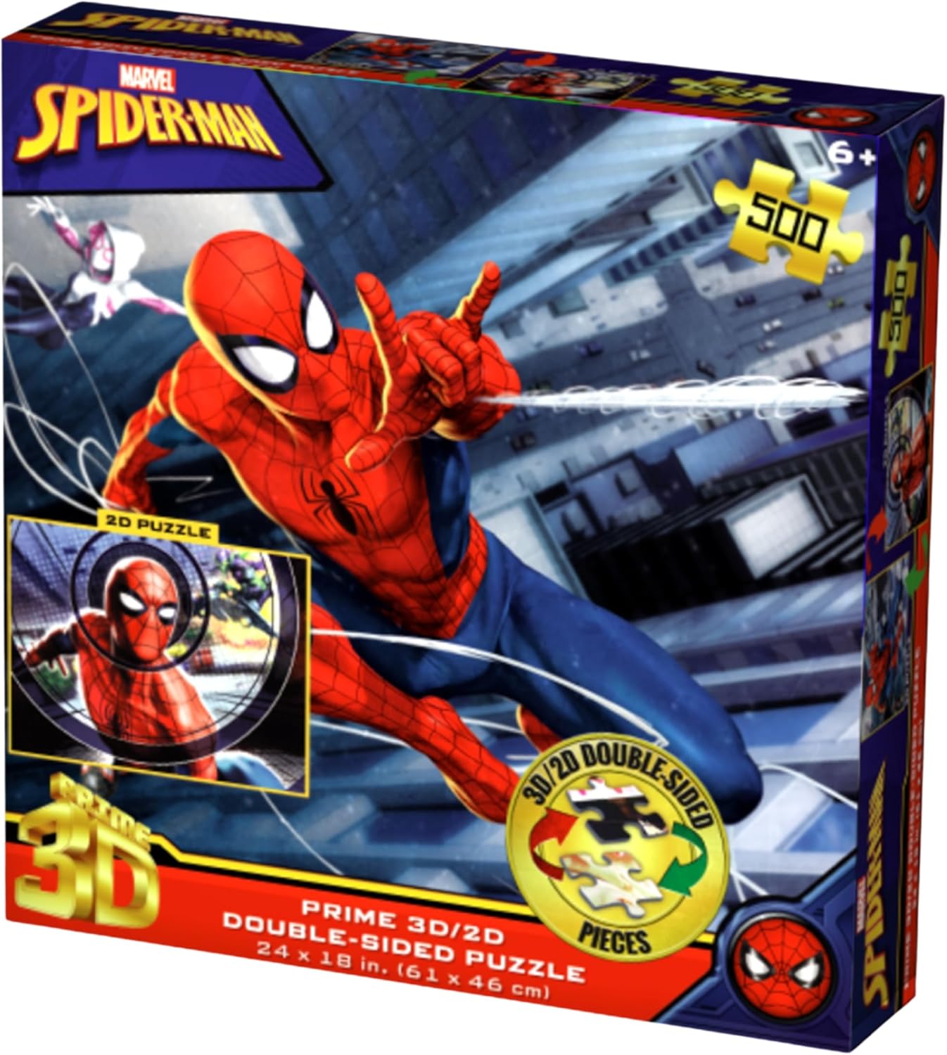 Prime 3D Marvel Spider-Man Double-Sided Puzzle – 500 Piece 3D/2D Lenticular Jigsaw for Adults & Kids, 24"x18" Motion-Depth Activity, Official Superhero Gift