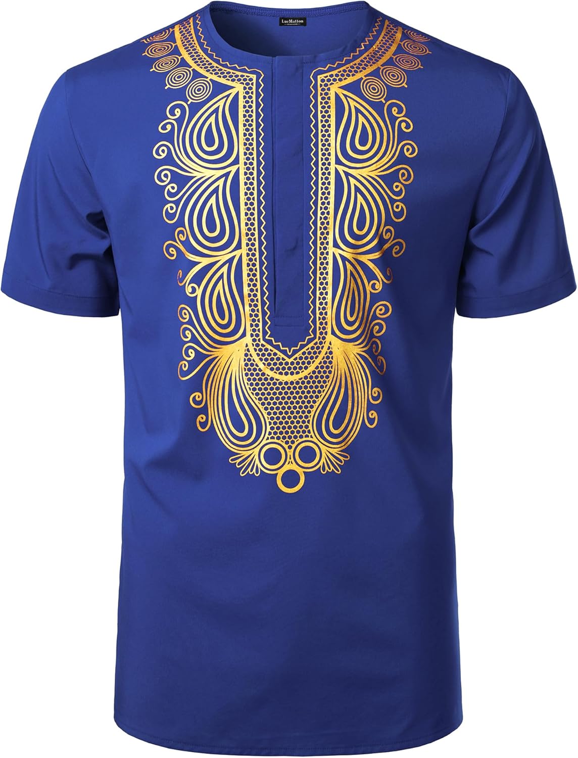 LucMatton Men's African Short Sleeve Hidden Button Shirt Metallic Foil Stamping Dashiki T Shirt