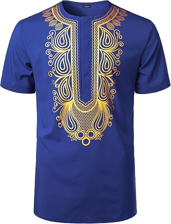 LucMatton Mens African Short Sleeve Hidden Button Shirt
