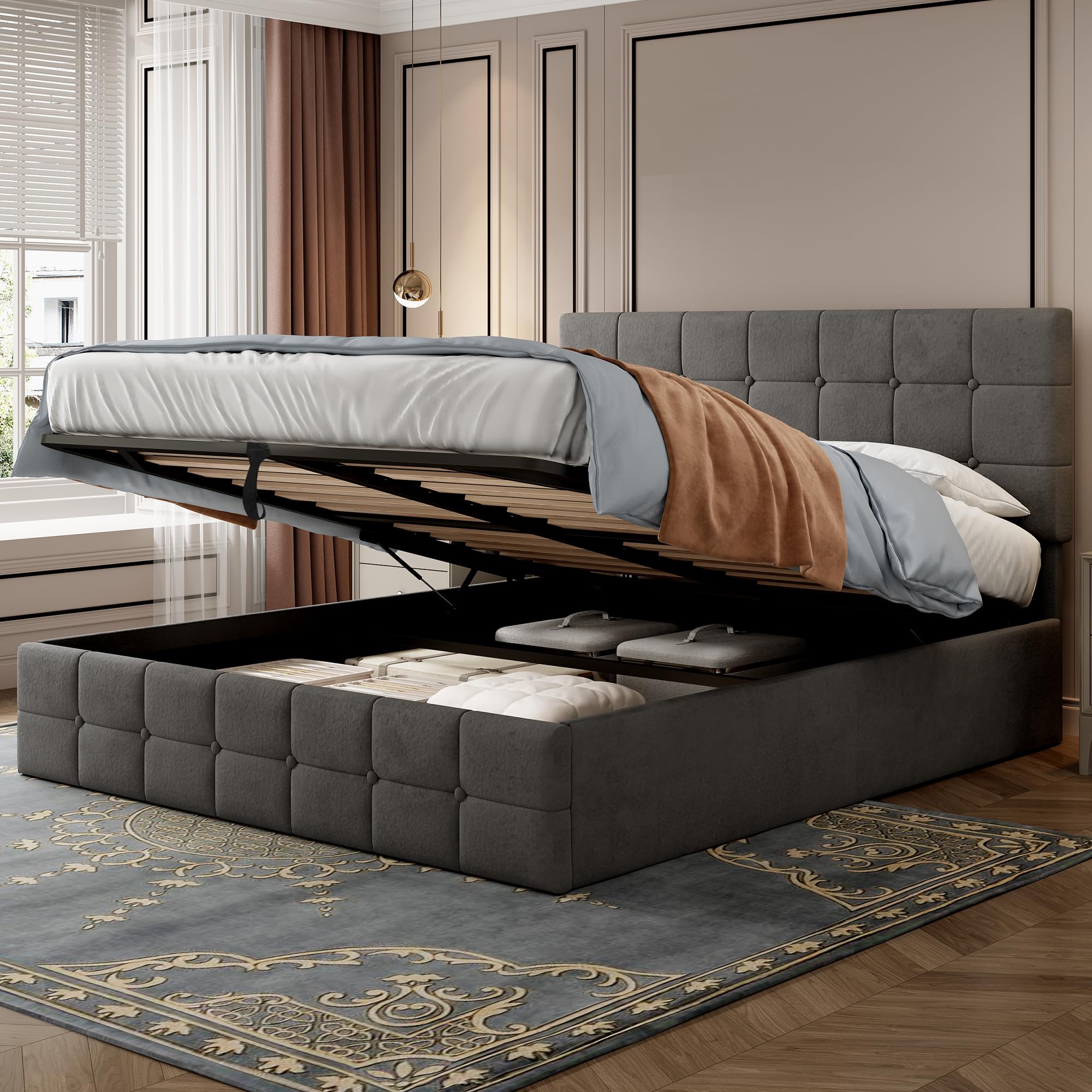 Merax 4ft6 Double Upholstered Ottoman Storage Bed Frame,135x190cm Velvet,Lift Storage BED with Adjustable Button-Tufted Headboard and Wooden Slats (Without Mattress - Grey) — image 1