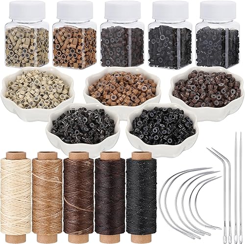 Yuxung 2500 extensiones de cabello, micro anillos, enlaces y 5 rollos de extensiones de cabello, hilo de coser y 10 agujas CJI, kit de extensión de