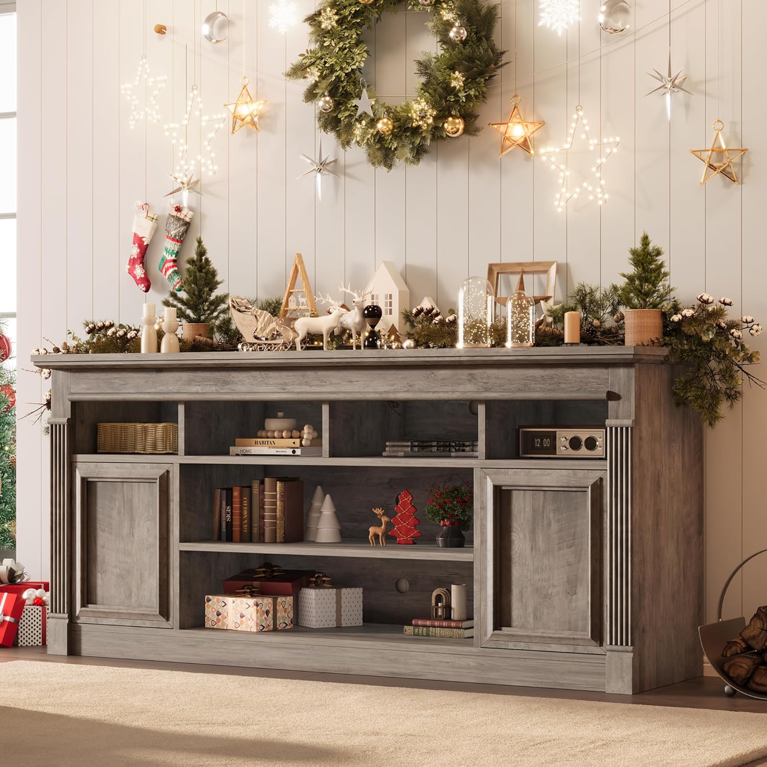 GAOMON TV Stand for TVs Up to 75 Inches, Entertainment Center with Open Storage Shelves and Cabinets, Farmhouse Media TV Console Table for Living Room, Bedroom, Grey