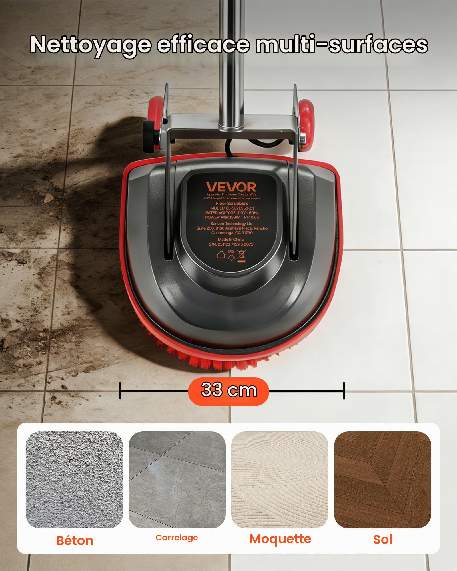 VEVOR Monobrosse, Nettoyeur de Sol à Brosse Rotative, pour Carrelage Parquet Moquettes, Laveuse Électrique 2 Roulettes, Cireuse et Poliseuse Vitesse 1900 tr/min Max., Câble 13 m, 3 Pads et 3 Brosses