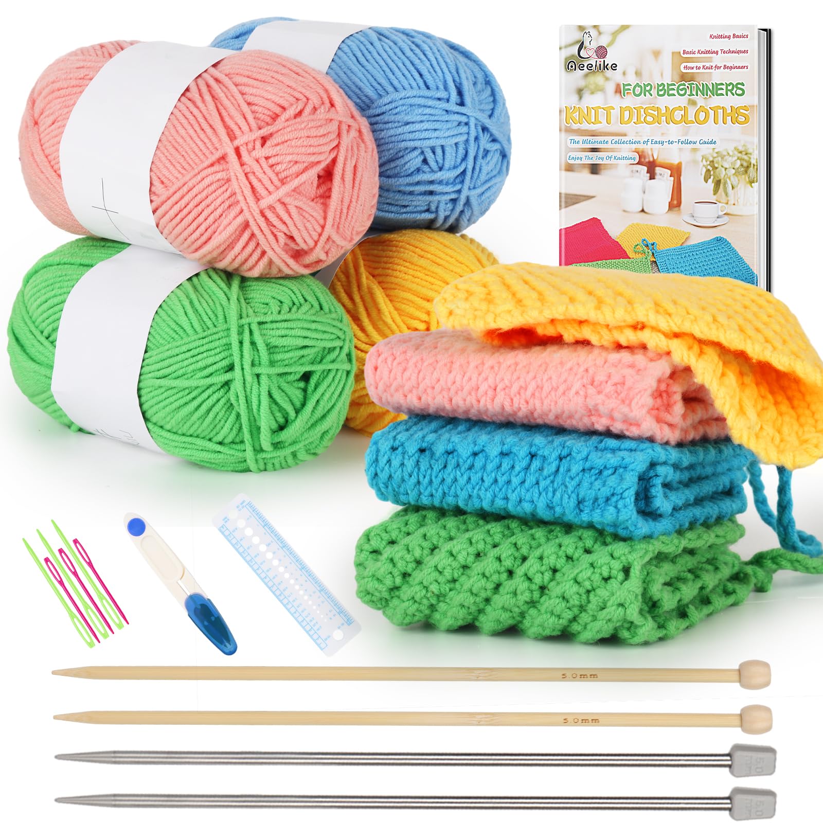 Aeelike Kit per lavoro a maglia per principianti, kit completo all'uncinetto per principianti, facile da usare, con ferri da maglia, filo di cotone, panno per imparare a lavorare a maglia con