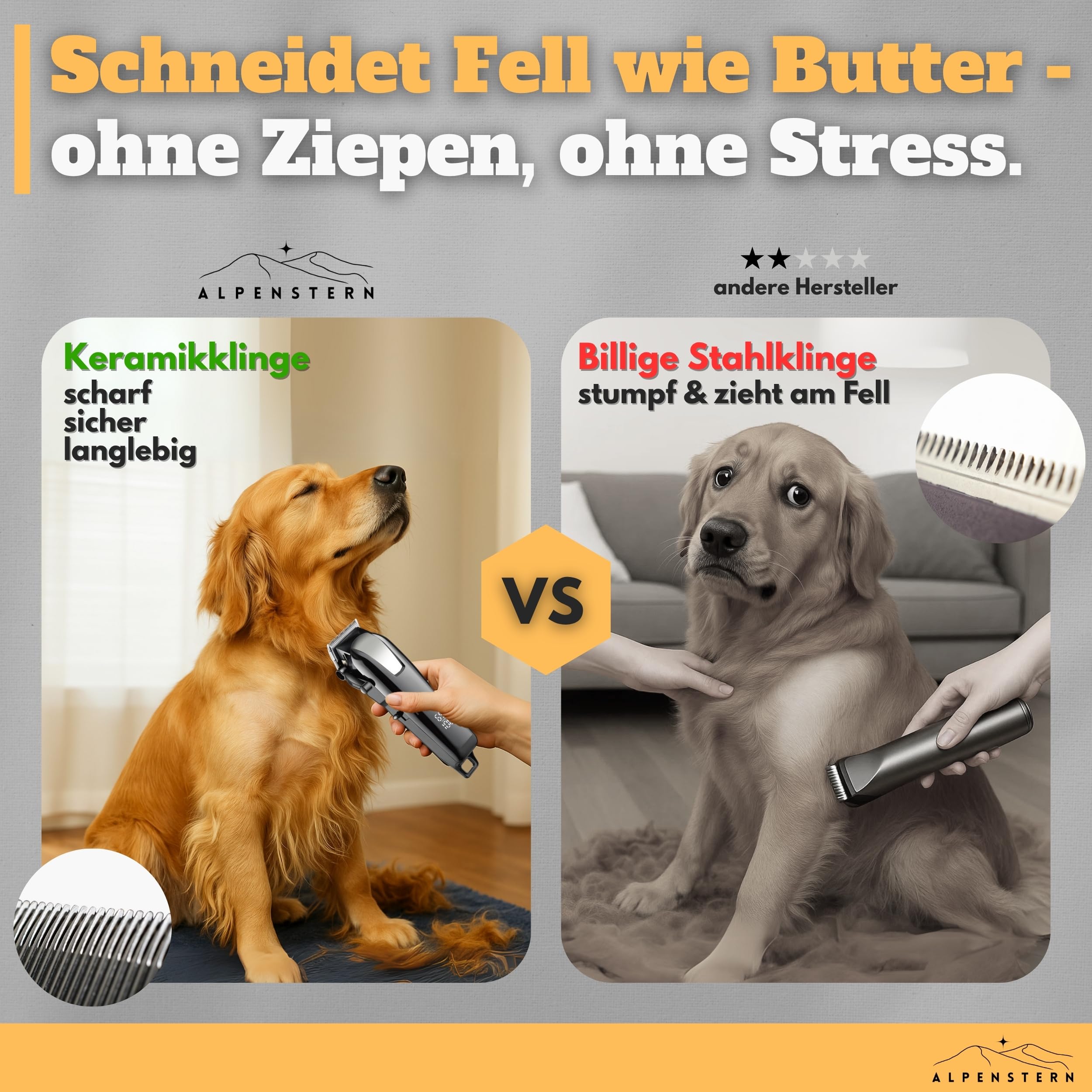 Hundeschermaschine - Leise Profi Schermaschine für Hund Katze Pferd dichtes Fell - Hundetrimmer Hunde-Haarschneidemaschine Hunderasierer - 3h Akku