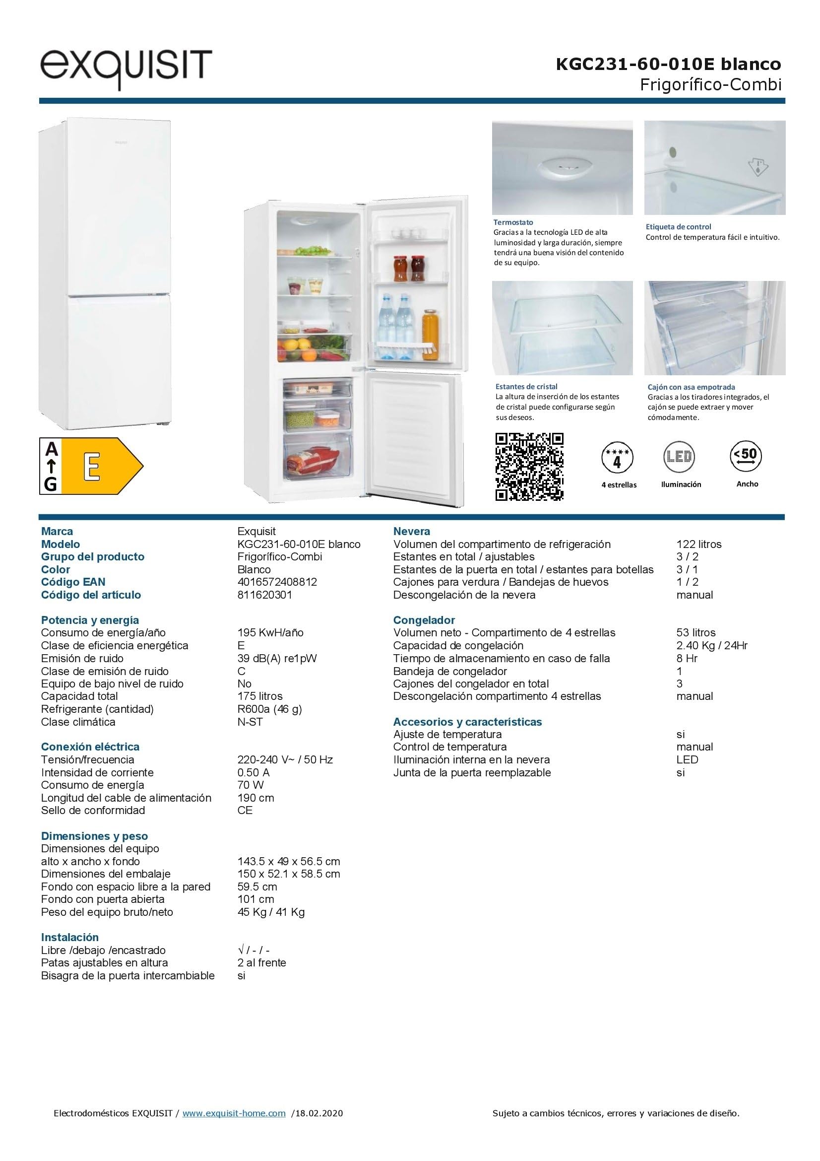Exquisit® Frigorífico Combi, 175L, Clase E, Color Blanco, Cajón Verdulero, Estantes de Cristal, Altura Regulable, Tiradores Integrados, Luz LED, Consumo 195 kWh/año, Medidas 143,5x49x56,5 Cm.