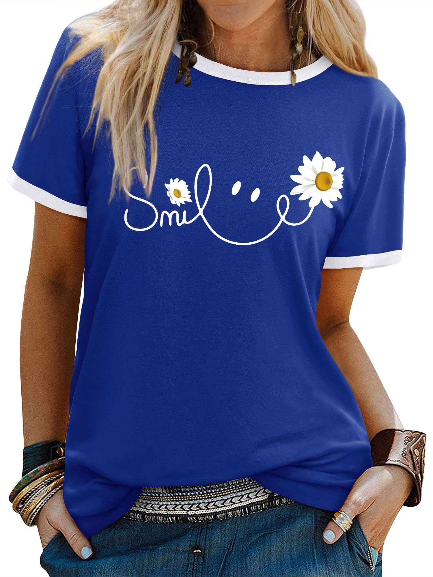Yihelian Tshirts Frauen Rundhals Top Damen Daisy Print Kurzarm Tee Shirt Sommer Lächeln Brief Gedruckt Shirts