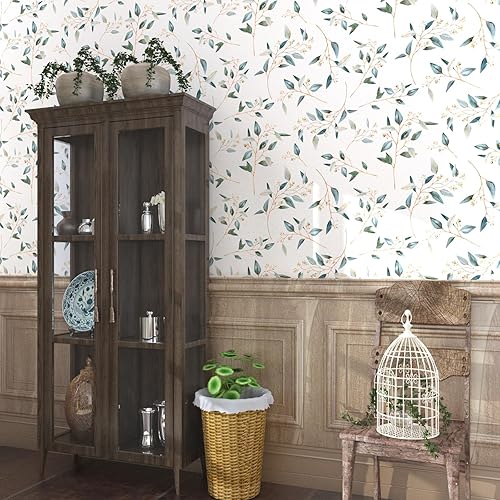 Miniatura 8 de Papel tapiz de contacto con hojas de estilo bohemio de 17.5 x 118 pulgadas, autoadhesivo, para despegar y pegar, papel de pared floral vintage para