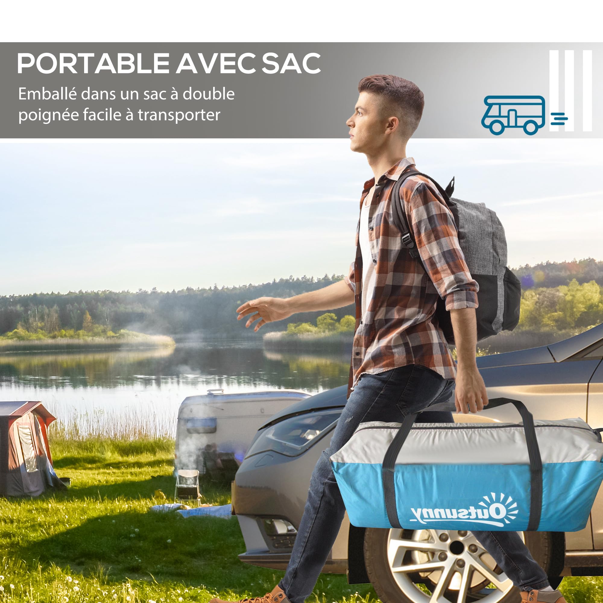 Outsunny Tente de Camping familiale pour 3-4 Personnes, Tente Tunnel avec 2 Chambres, 4 Portes et 4 fenêtres, Sac de Transport, imperméable, 460 x 220 x 175 cm, Bleu
