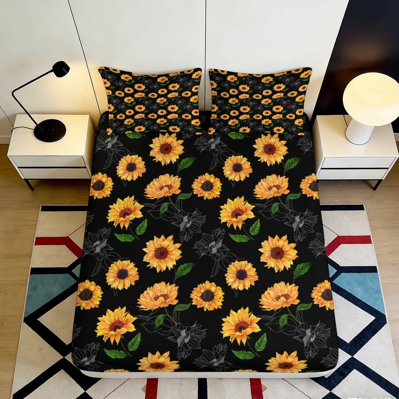 3D Printed Sunflower Fitted Sheet Microfiber Deep Pocket Non-Slip Bedroom Bedding Sunflower Mattress Fitted Cover Washable 160x200x25cm