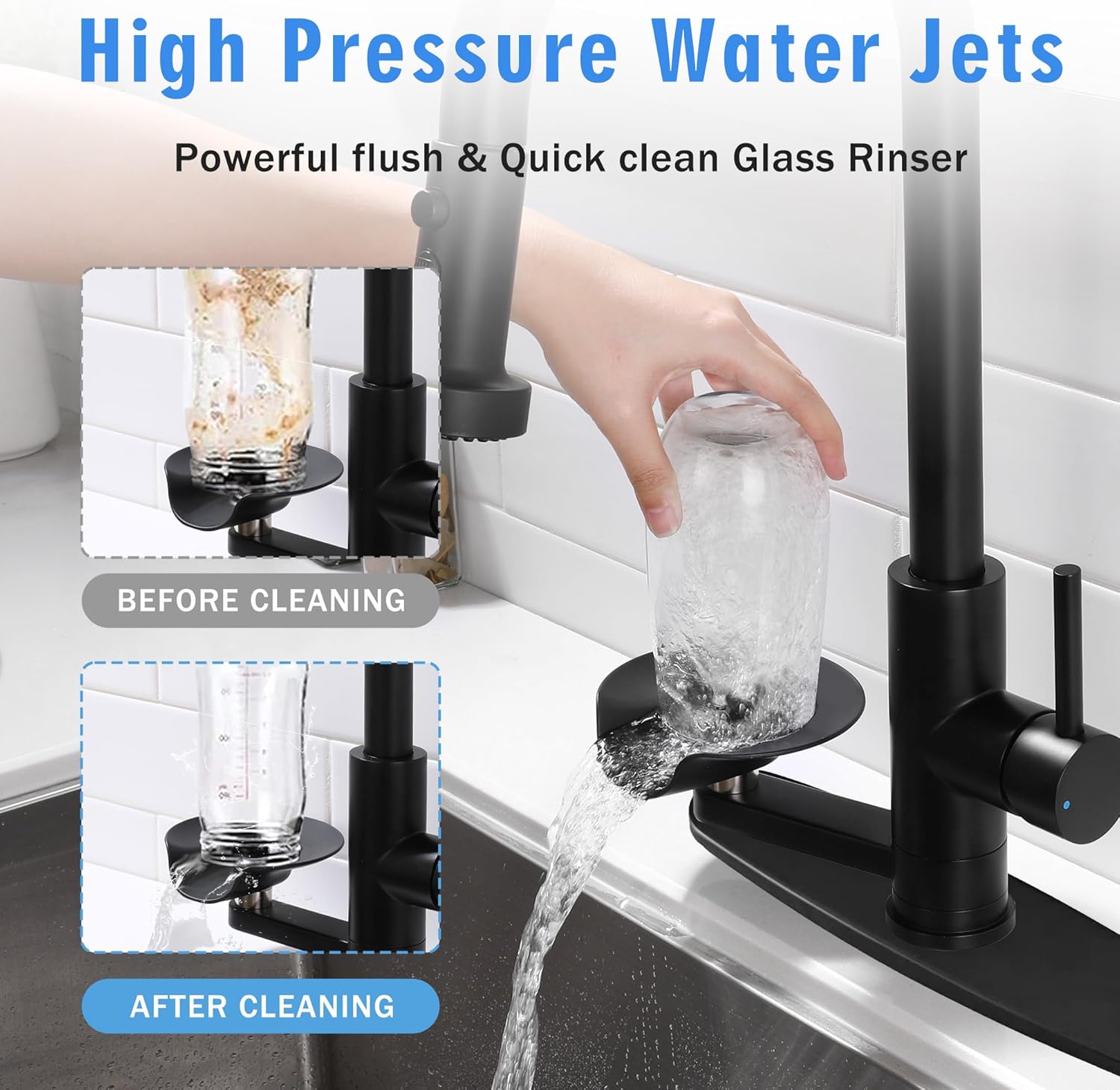 kitchen faucet with glass rinser, pull down sink faucet with 3 spray modes and high pressure glass rinser, single hole 2 in 1 high arc stainless steel kitchen faucets (matte black)