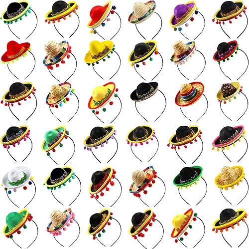 Miniatura 1 de Diadema con sombrero de Cinco de Mayo, 36 piezas con flecos de bola, mini sombrero mexicano, disfraz de fiesta para decoraciones temáticas