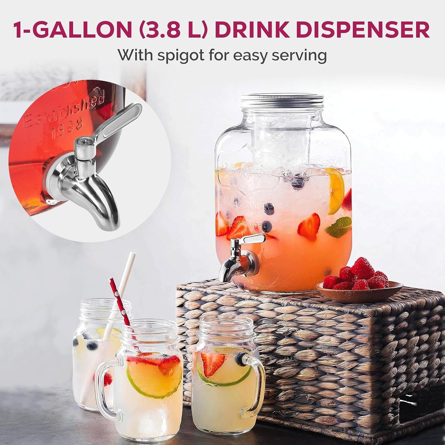 Distributeur de boissons en verre avec robinet, distributeur de boisson en verre