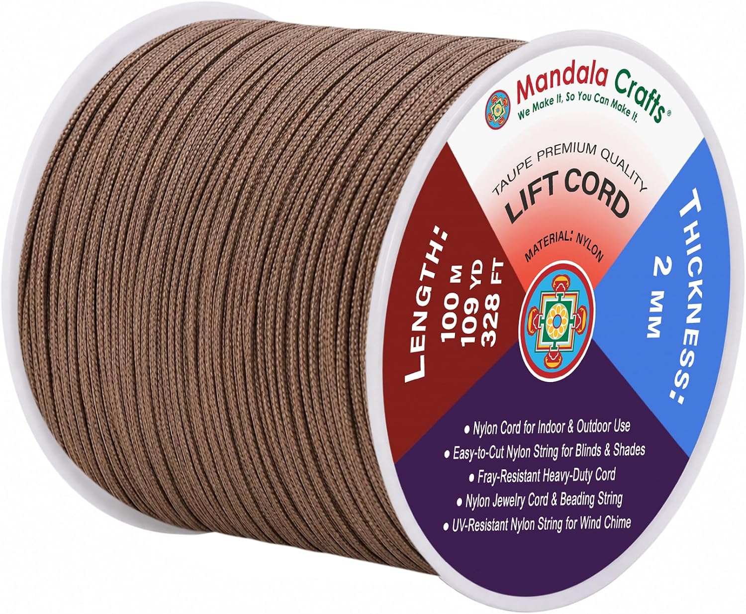 Mandala Crafts 2mm Taupe Blind Strings Lift Shade Cord, 109 Yards