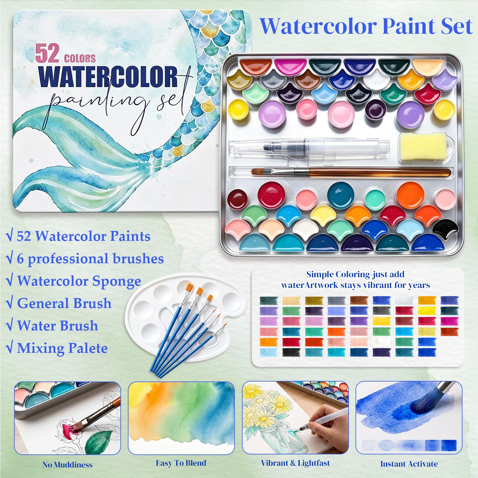 Watercolor Workbook Kit - 52 Colors, 7 Brushes -3
