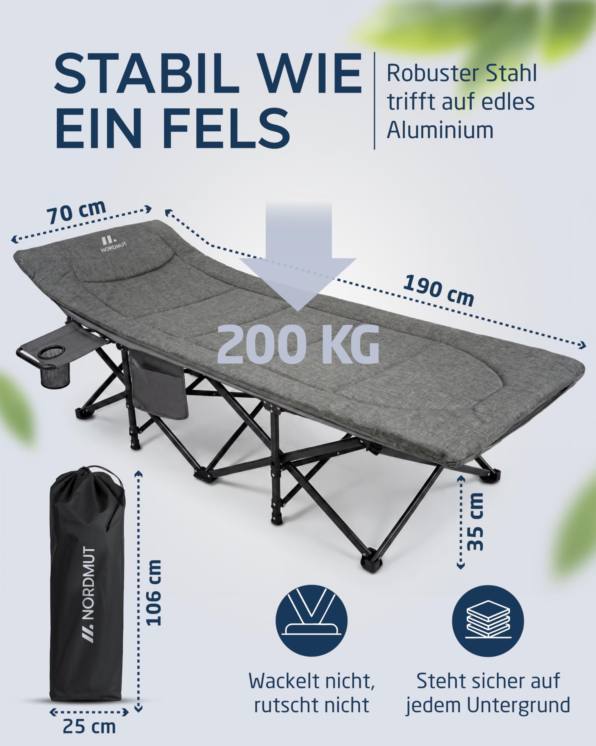 NORDMUT® Feldbett klappbar mit komfortabler Matratze - stabiles Campingbett bis 200 kg belastbar - Premium Gästebett faltbar für Camping, Garten & Gäste (Aschgrau, mit Auflage)