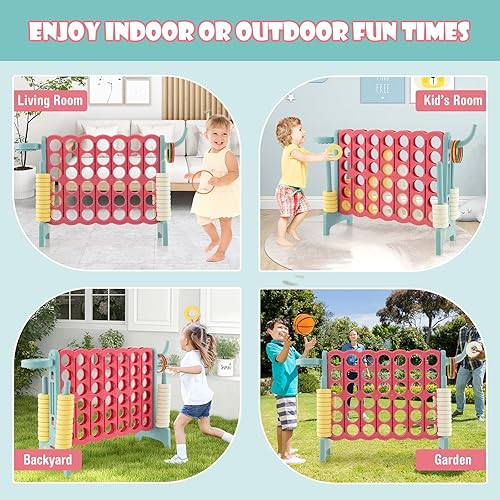 Miniatura 3 de HONEY JOY Juego gigante gigante de 4 a puntuación, 3 en 1 para interiores y exteriores, juego de patio familiar con aro de baloncesto y lanzamiento