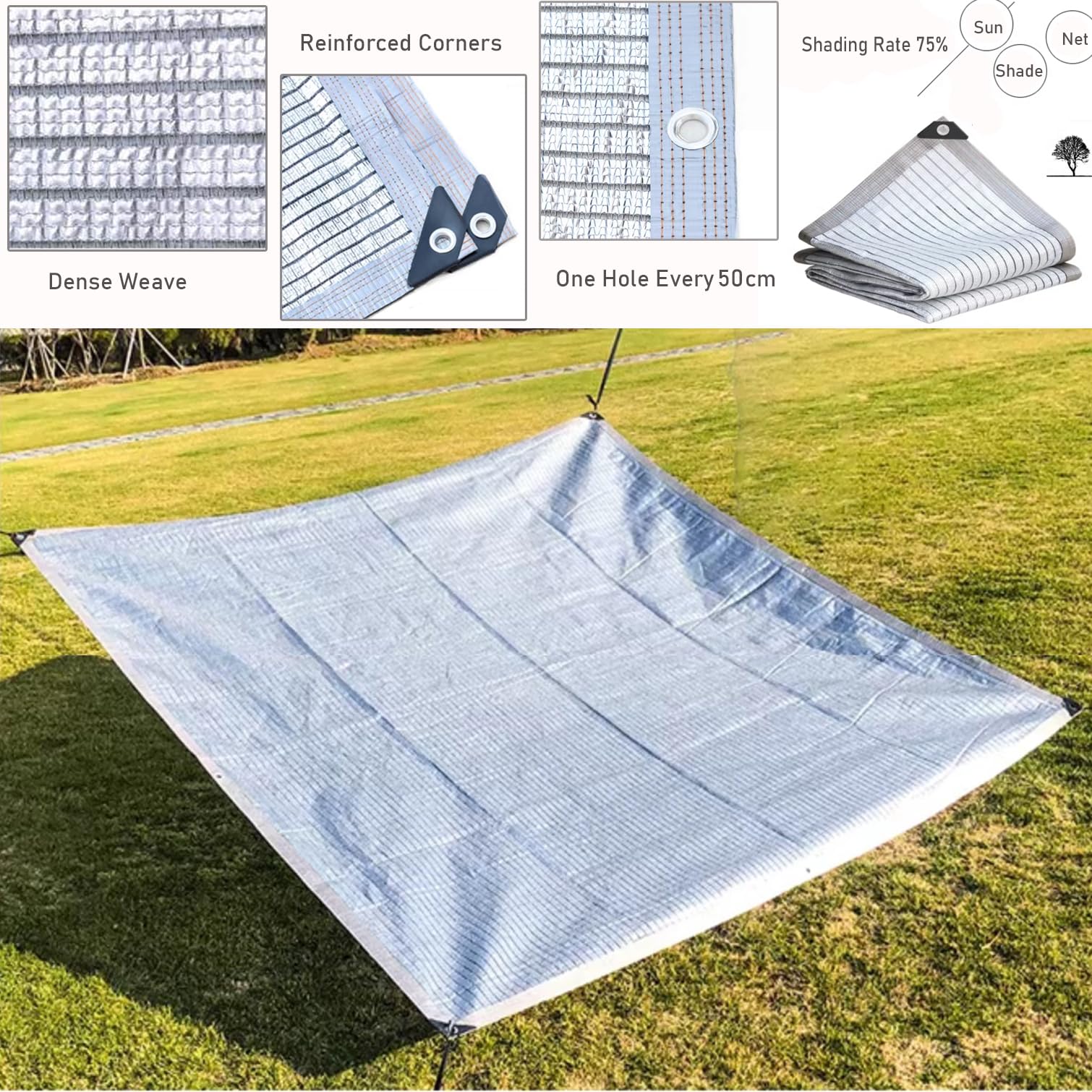 75% tkanina e- folia aluminiowa Sune Silver ochrona przed promieniowaniem UV na zewnątrz patio szklarni oddychająca izolacja cieplna z przelotkami (500 cm x 650 cm)