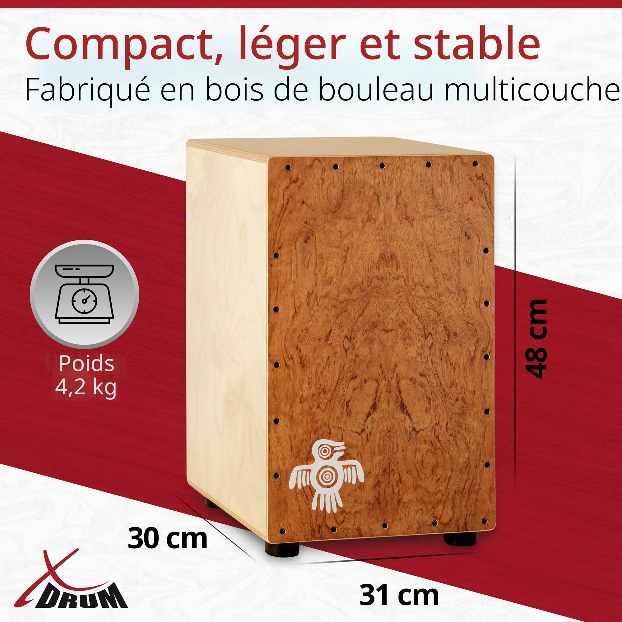 XDrum Cajon Peruana Hard Wood, Table d’impact de 3 mm en bois dur | Son équilibré et percutant avec un rapport bass/snare harmonieux, Corps en bouleau de 9 mm (7 plis), Clap Corners réglables