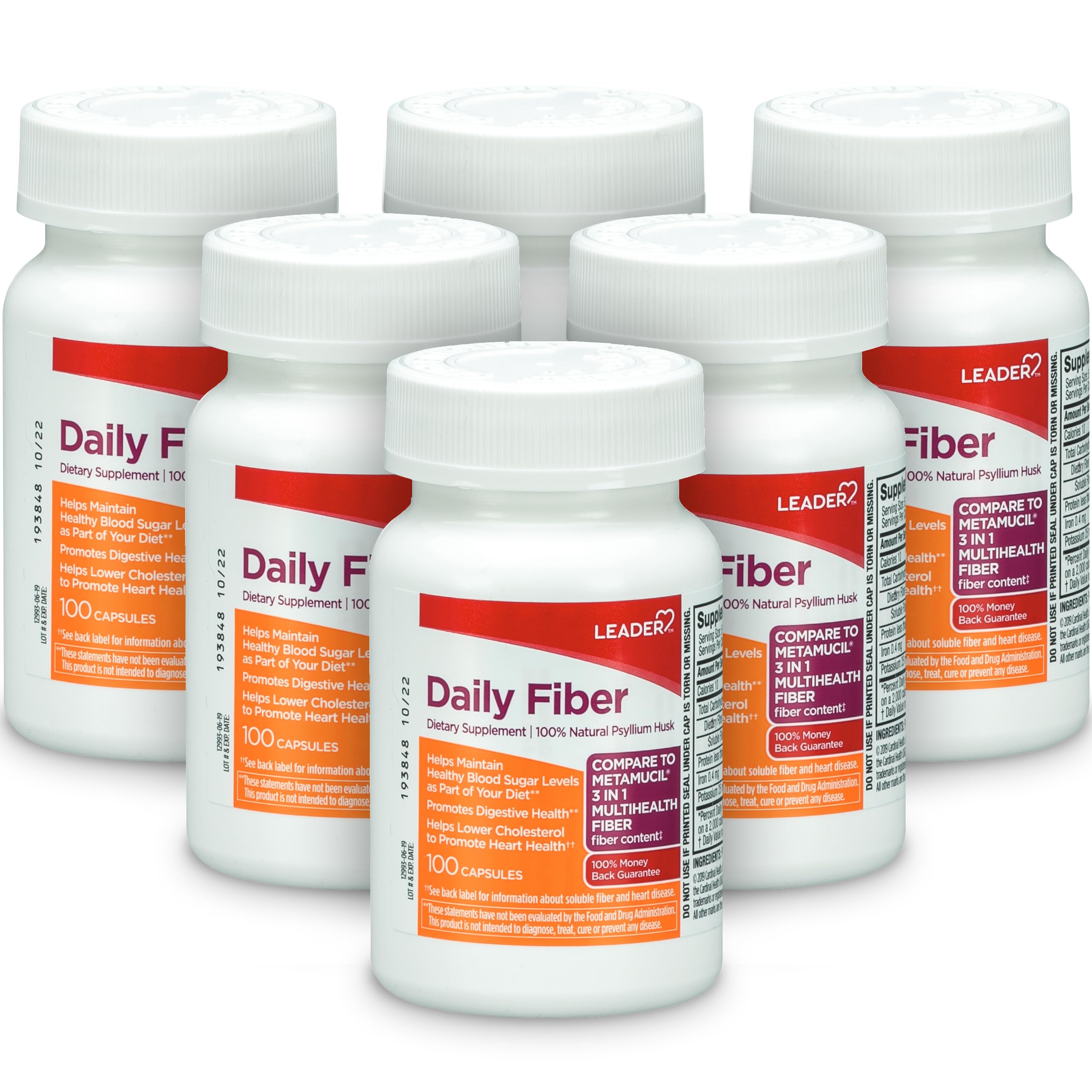 Leader Daily Psyllium Husk Powder Supplement, 3-in-1 Fiber for Digestive Health, Plant Based, 100% Natural, Compare to Metamucil Multihealth, 100 Capsules, Pack of 6