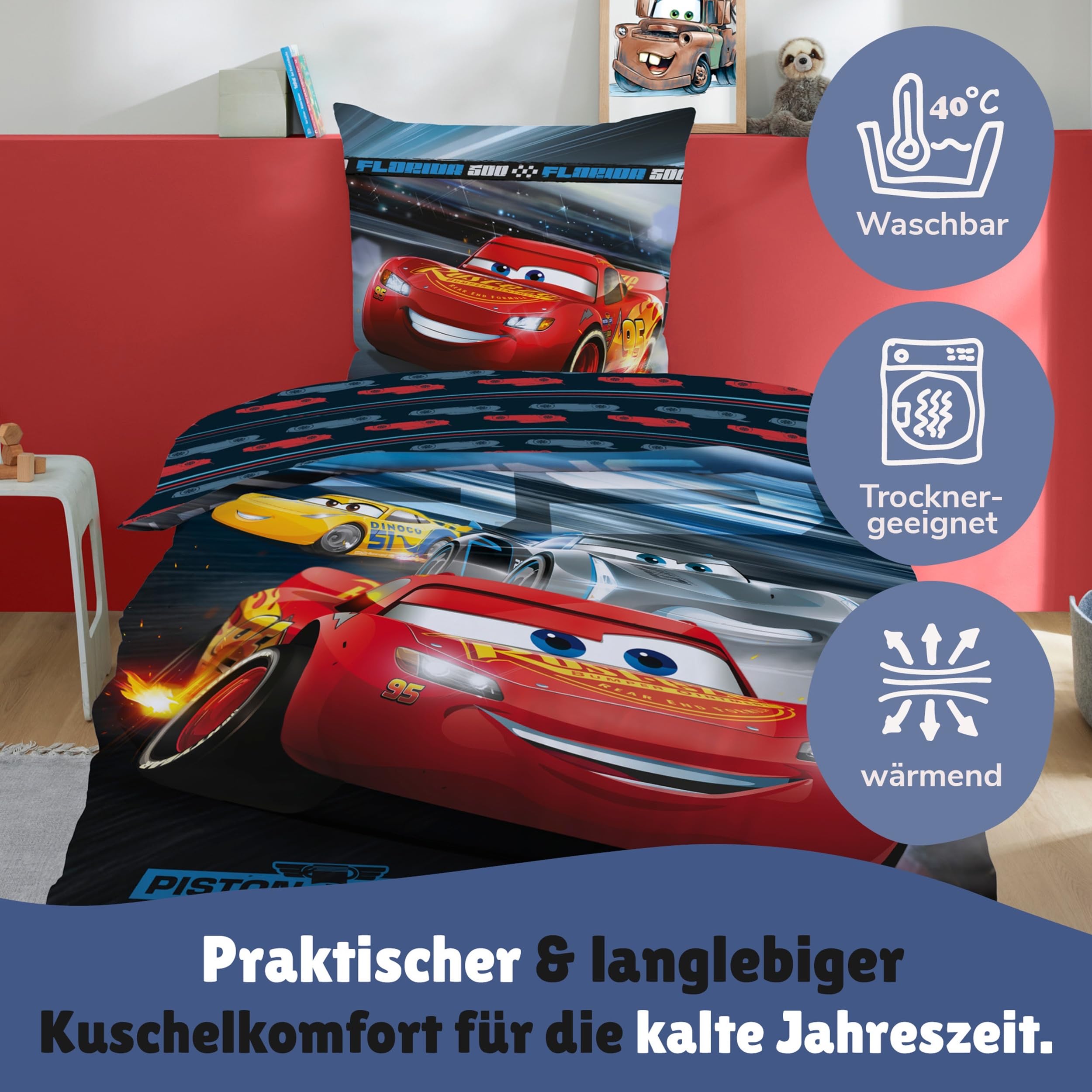 Familando – Disney Cars Warme Fleece Bettwäsche Set – Decken- & Kissenbezug 135x200 cm & 80x80 cm mit Reißverschluss – Wendemotiv mit Lightning McQueen, Cruz Ramirez & Jackson Storm – Öko-TEX Zert.