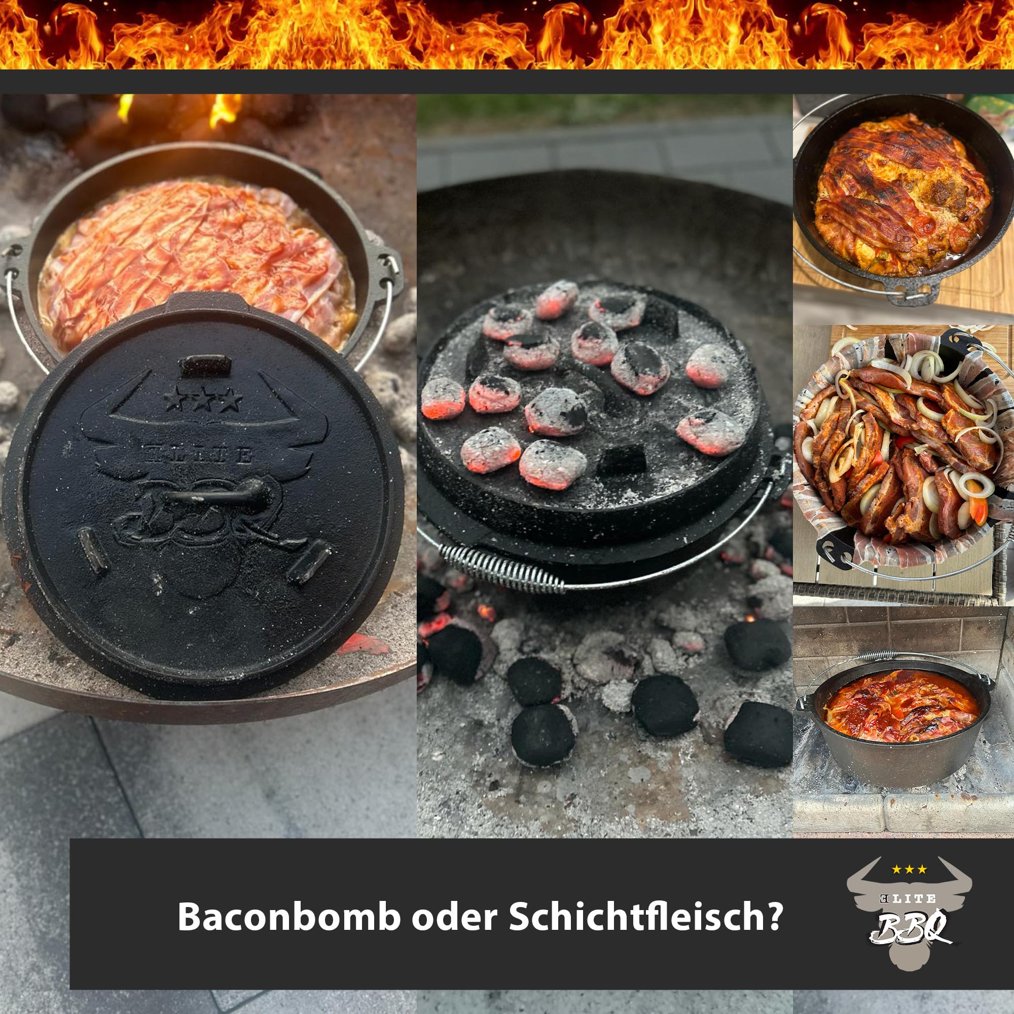 ELITE BBQ Suppenkessel dutch-oven set mit Füßen 6.0 qt, unser Eintopfofen für Kesselgulasch mit dutch oven pan ausgestattet, der Topf aus Gusseisen Hexenkessel Gulaschkessel Schmortopf dutsch-oven