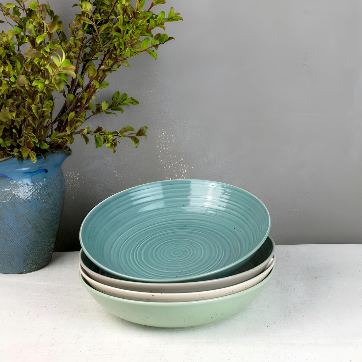 Sango Siterra Artist's Blend Stoneware Pasta Bowls (Set of 4) Multi Assorted Colors– Featuring Soft Gray, Blue, Green, and Ivory, for Everyday Dining & Entertainment, Microwave & Dishwasher Safe