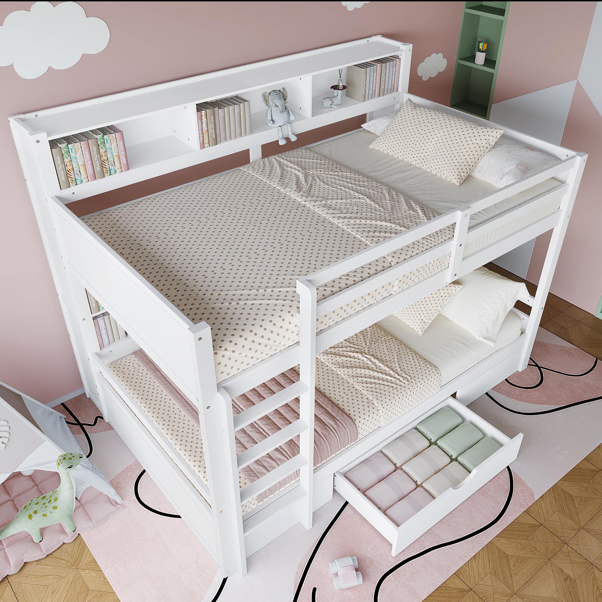 Letto a castello, 90 x 200 cm, in legno, con rete a doghe, cassetti e scomparti di stoccaggio, per adulti, adolescenti (bianco, 90 x 200 cm)