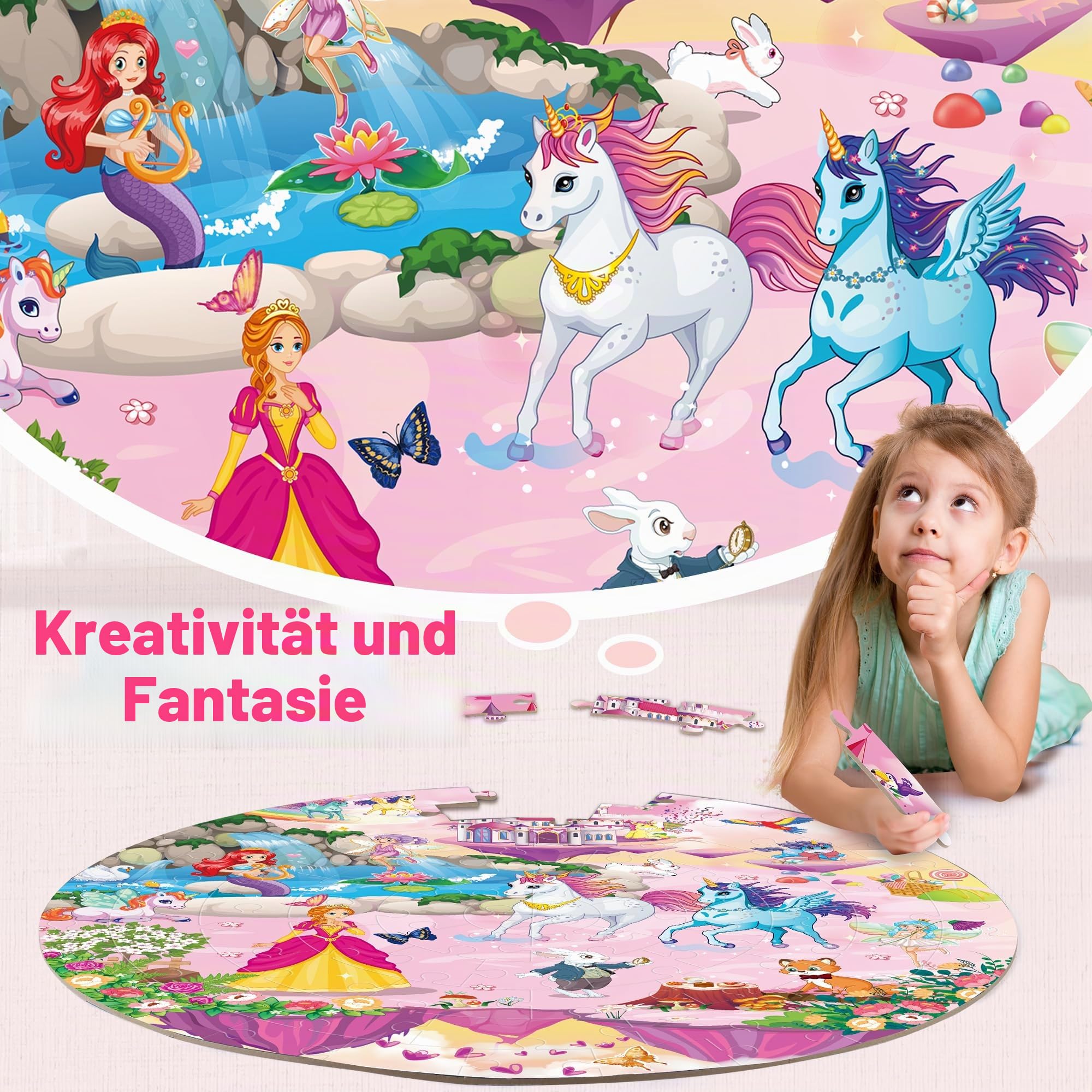 SYNARRY Große Einhorn Prinzessin Boden Puzzle für Kinder ab 3 4 5 6 7 8 Jahren, 70 Teile Kinderpuzzle Einhorn Holz, Lernspielzeug Spiele Geschenk für Jungen Mädchen