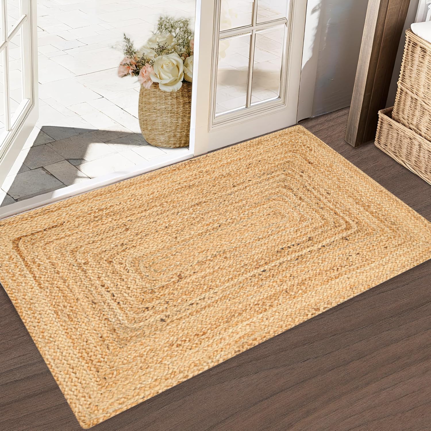 Savi Home Hand Woven Jute Braided Rug, 2'x3' - Natural, Reversible Boho Entry Area Rugs for Kitchen, Living Room, Farmhouse Indoor Outdoor Decorative Floor Rug, 24x36 Inches