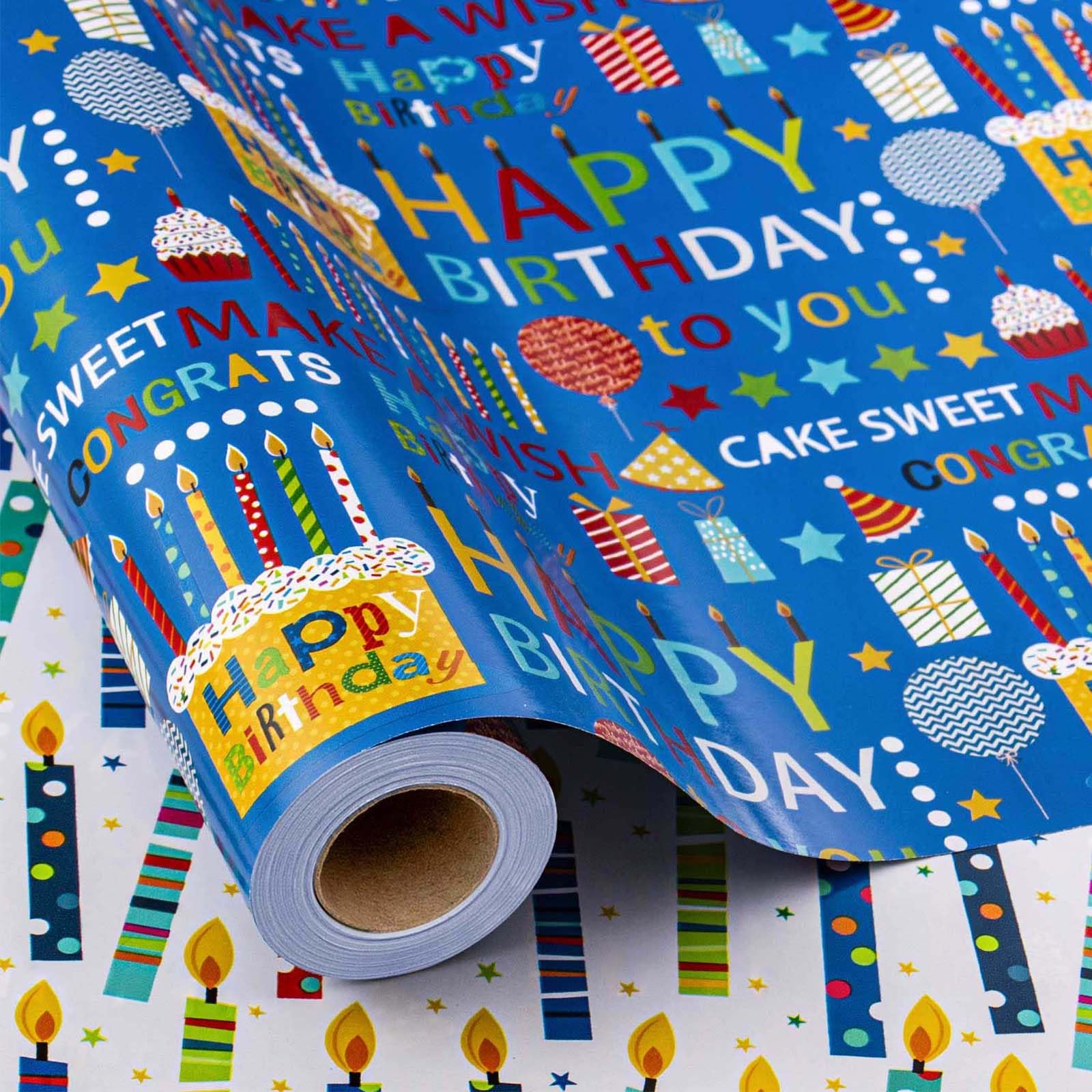 Wikadlik Birthday Wrapping Paper Roll - 43cm x 10m - Dark Blue Happy Birthday Lettering Balloon Cake Pattern Reversible Thick Present Packing Paper