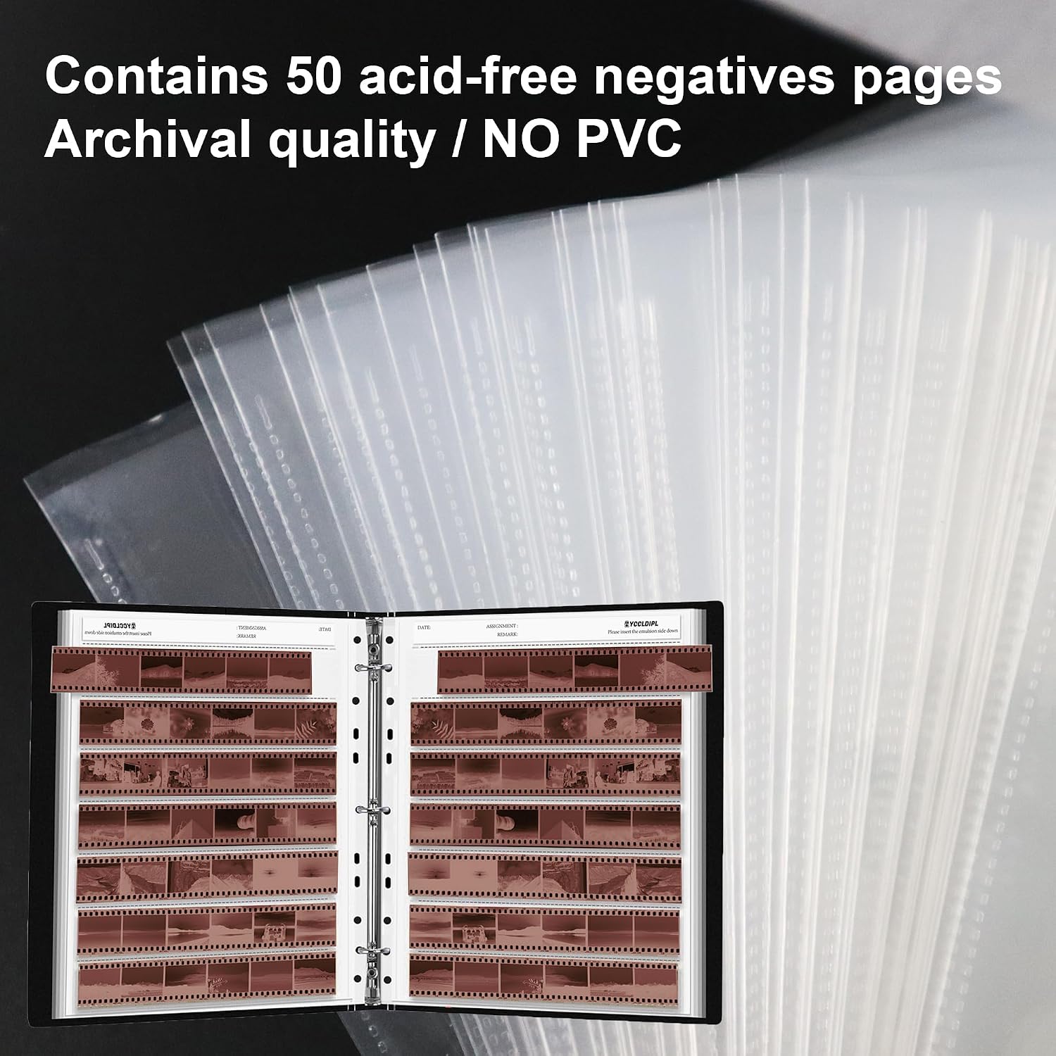 Acid-Free Film Protectors Storage Box Set with Ties 3-Ring Film Negative Holder for Standard 135 35mm Negative Page Film Pouch (50 * 135 Acid-Free Negative Pages)