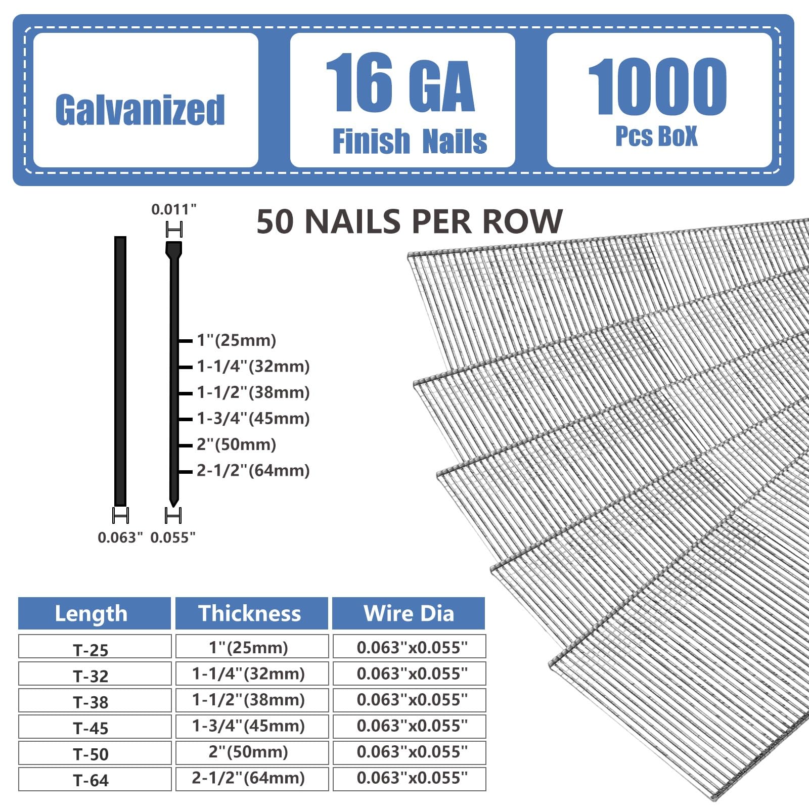 Gwoździe o prostym wykończeniu 16 Gauge, 1-3/10.2 cm, 1000 sztuk, ocynkowane, do pneumatycznej, elektrycznej gwoździarki 16GA z prostym wykończeniem