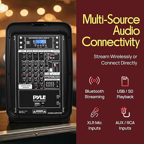 Vista 5 de Pyle - Paquete de bocina PA y mezclador DJ - Sistema de sonido inalámbrico Bluetooth portátil de 300 W con entradas USB SD XLR 1/4" RCA - Bocina