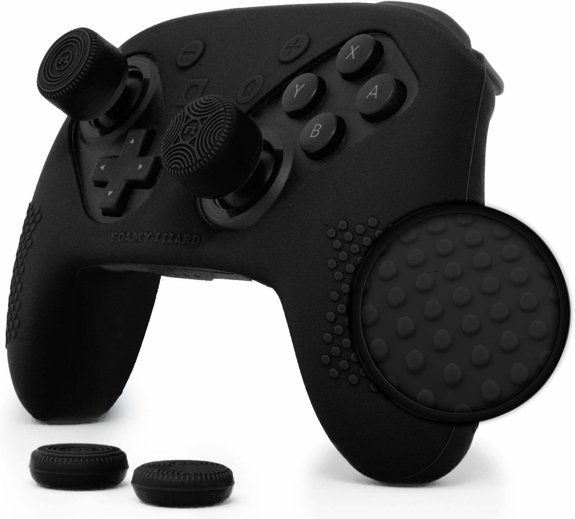 Foamy Lizard Skin for The Switch Pro Controller, AlphaPro Grip, Studded Sweat Free Silicone Cover w/ Flat Anti-Slip Studs Plus Set of 4 QSS-Pro Thumb Grips (Skin + QSS-P Grips, Black)