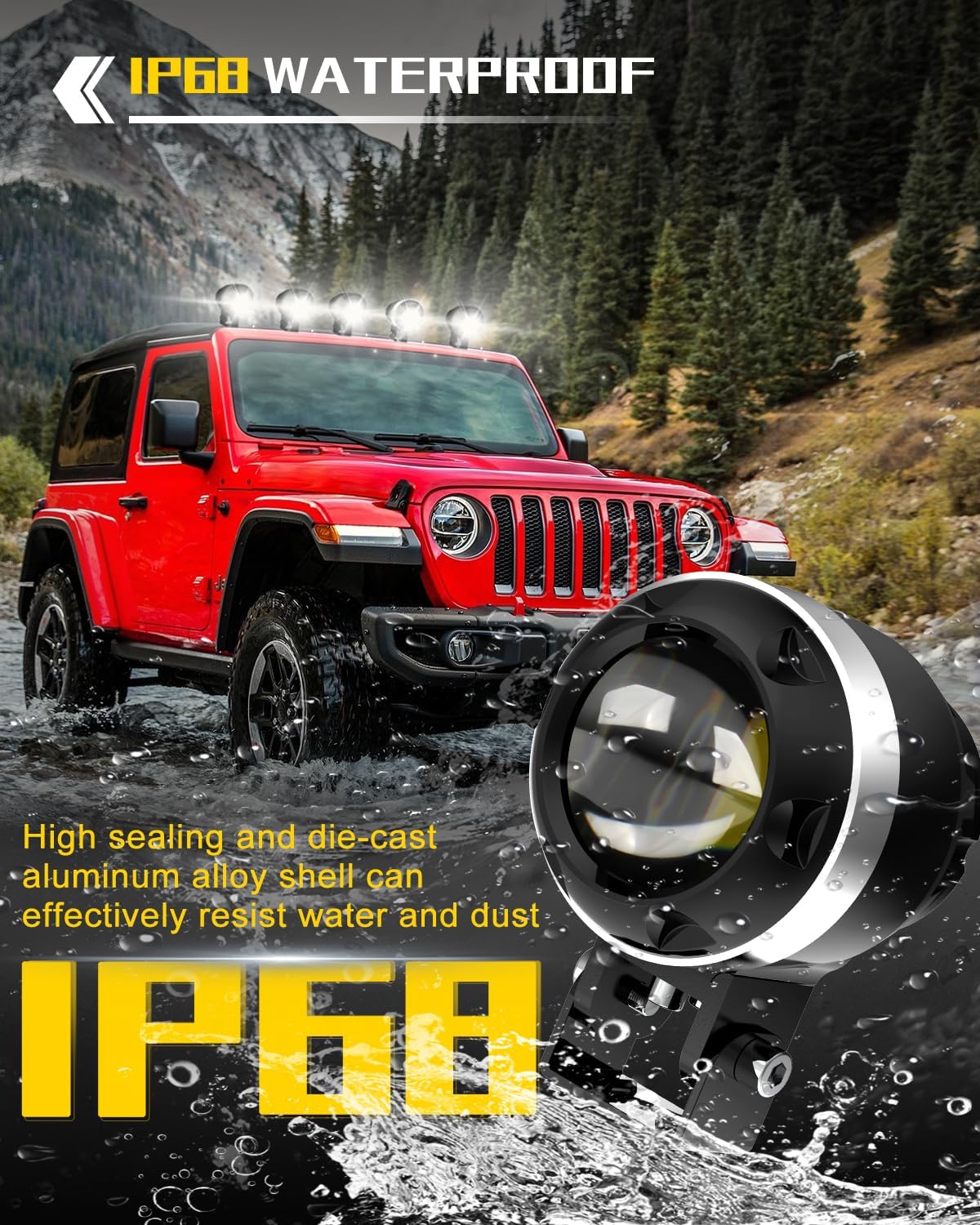 BraveWAY Motorcycle LED Driving Light with Z-Shape Beam, Round Auxiliary Lights for Cruiser/Chopper/Bobber, White/Yellow Fog Lights for ADV Adventure Touring Off-road Bike (+Wiring Harness)