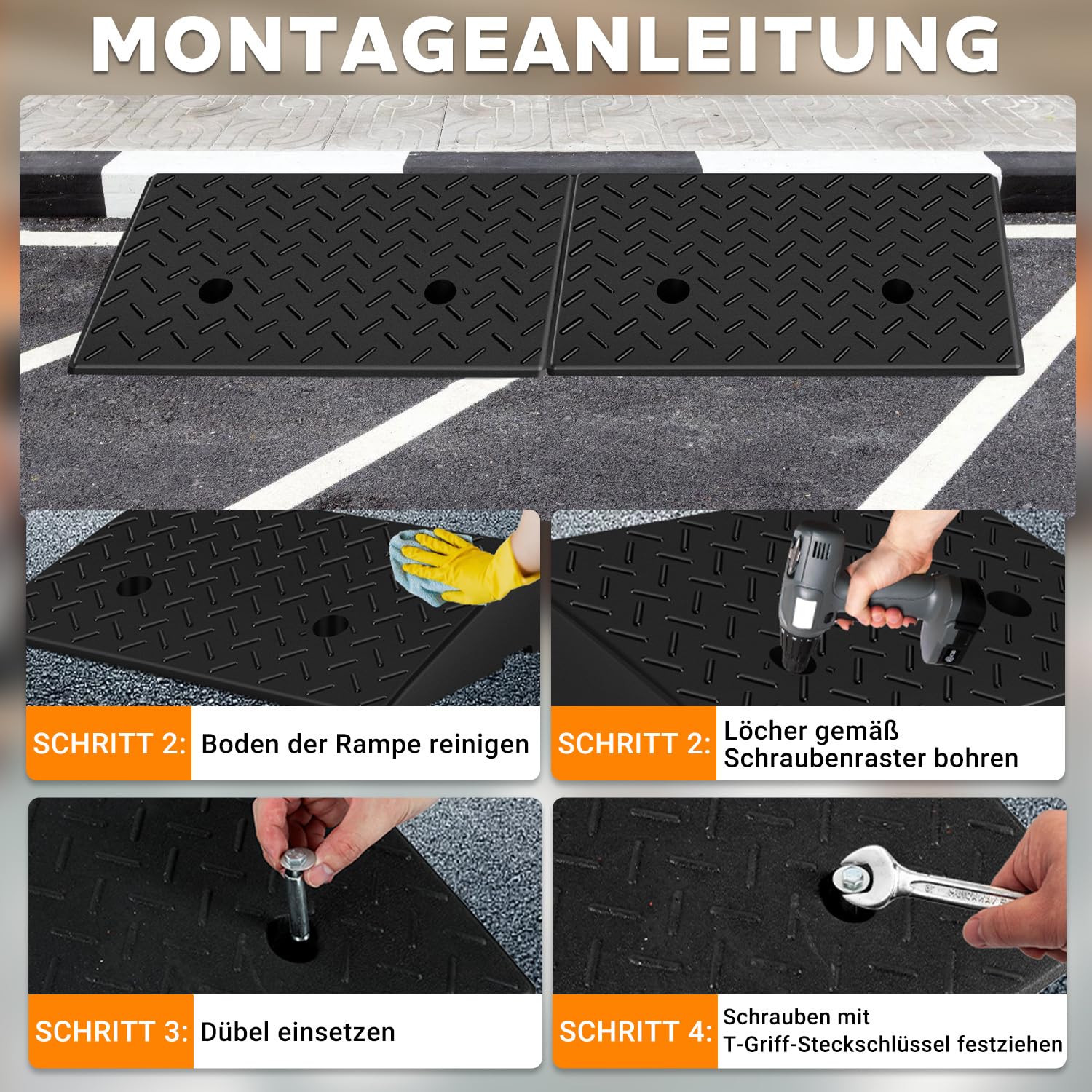 Rampa de acceso para automóviles de plástico de goma, muy resistente y antideslizante, superficie estructurada con relieve antideslizante, incluye tornillos de fijación, aprox. 49 × 30 × 11 cm