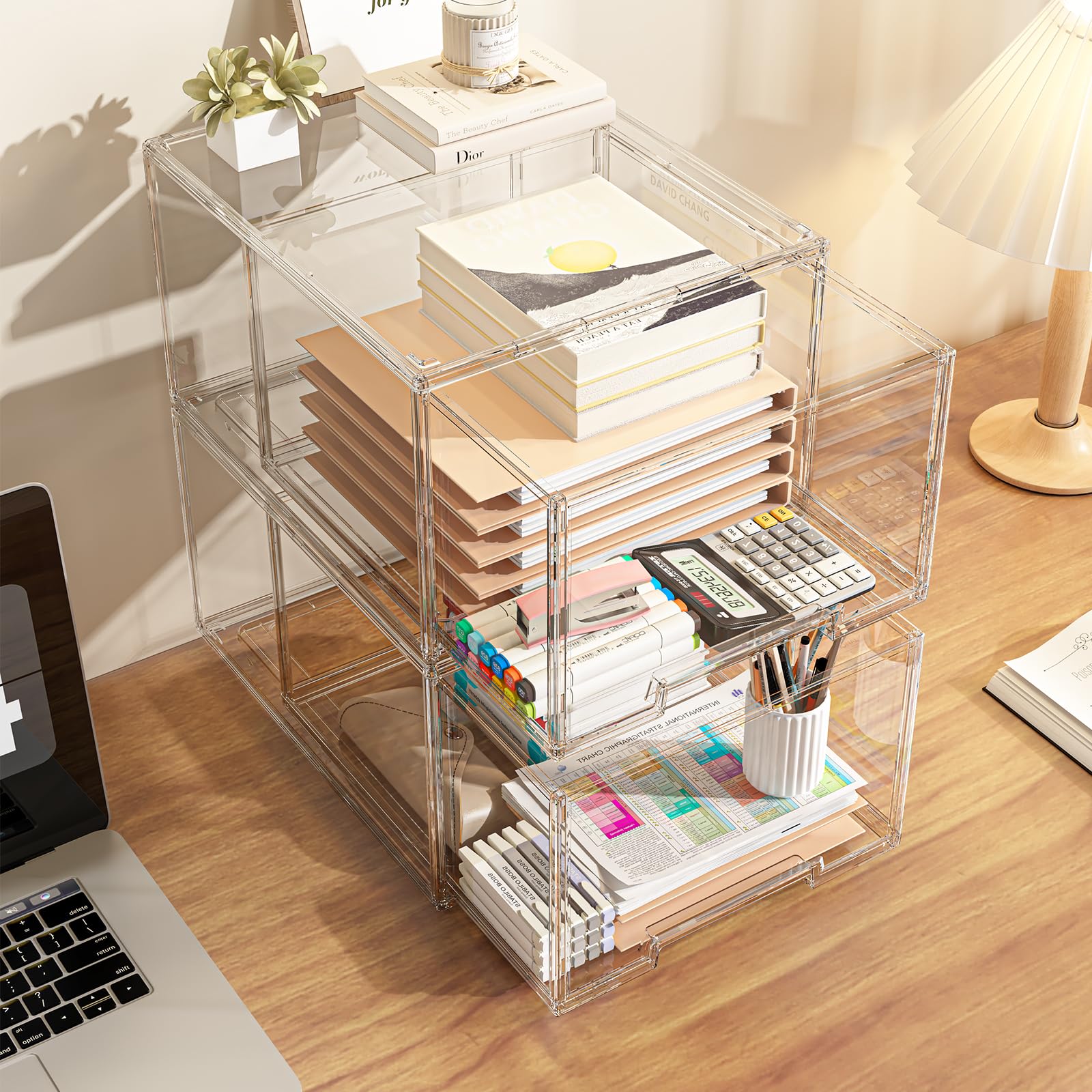 Confezione da 2 cassetti impilabili in plastica, organizer per cassetti da scrivania, organizer per 2 cassetti, organizer per trucchi con cassetti, organizer in acrilico per forniture per ufficio,
