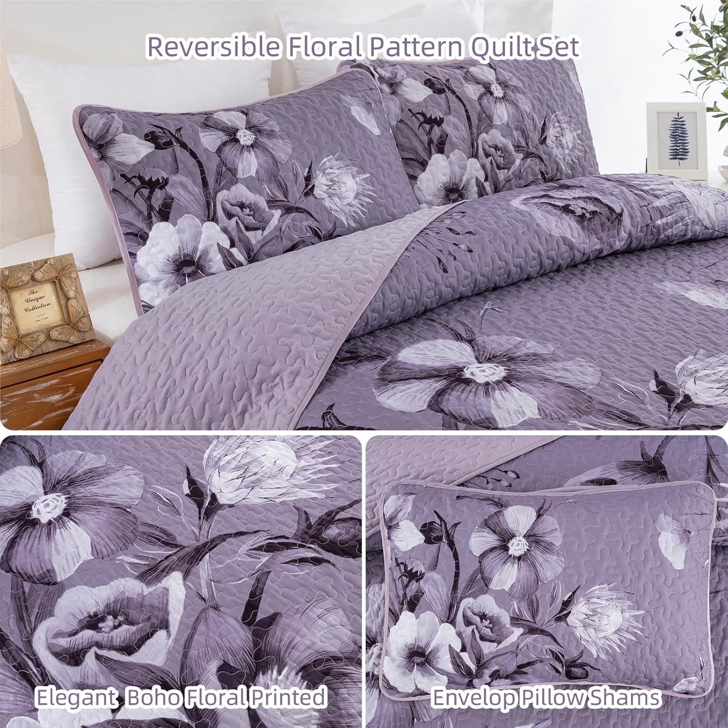 Floral Quilt Set Queen 3 Pieces Dark Purple Boho Flower Quilt Coverlet Set Soft Microfiber Lightweight Floral Quilted Bedspread with 2 Pillow Shams for All Season 90"x96" - Image 6
