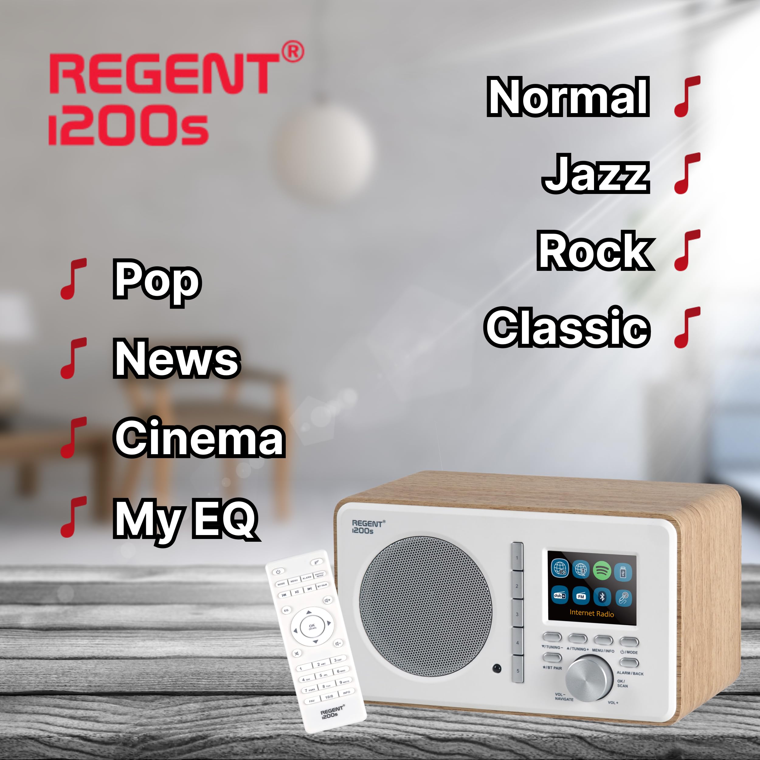 Ferguson Regent i200s Radio Internet Wi-Fi avec Bluetooth, radio FM/DAB/DAB+ FM, Spotify Connect, radio-réveil, égaliseur, écran couleur, USB, AUX-IN, mise en veille, contrôle par application