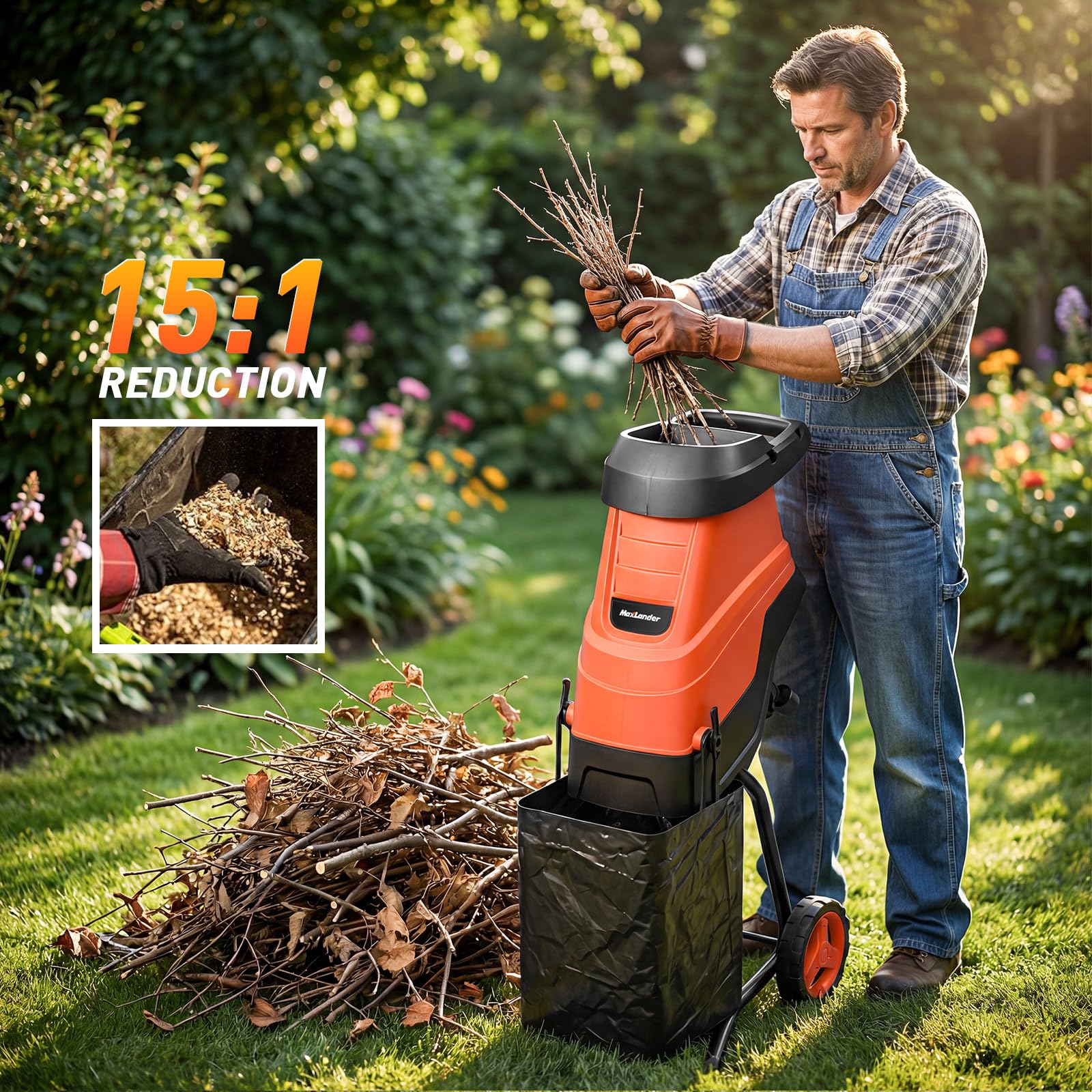 MAXLANDER 2600W Elektro Gartenhäcksler mit 45L Auffangbehälter, 45 mm Aststärke