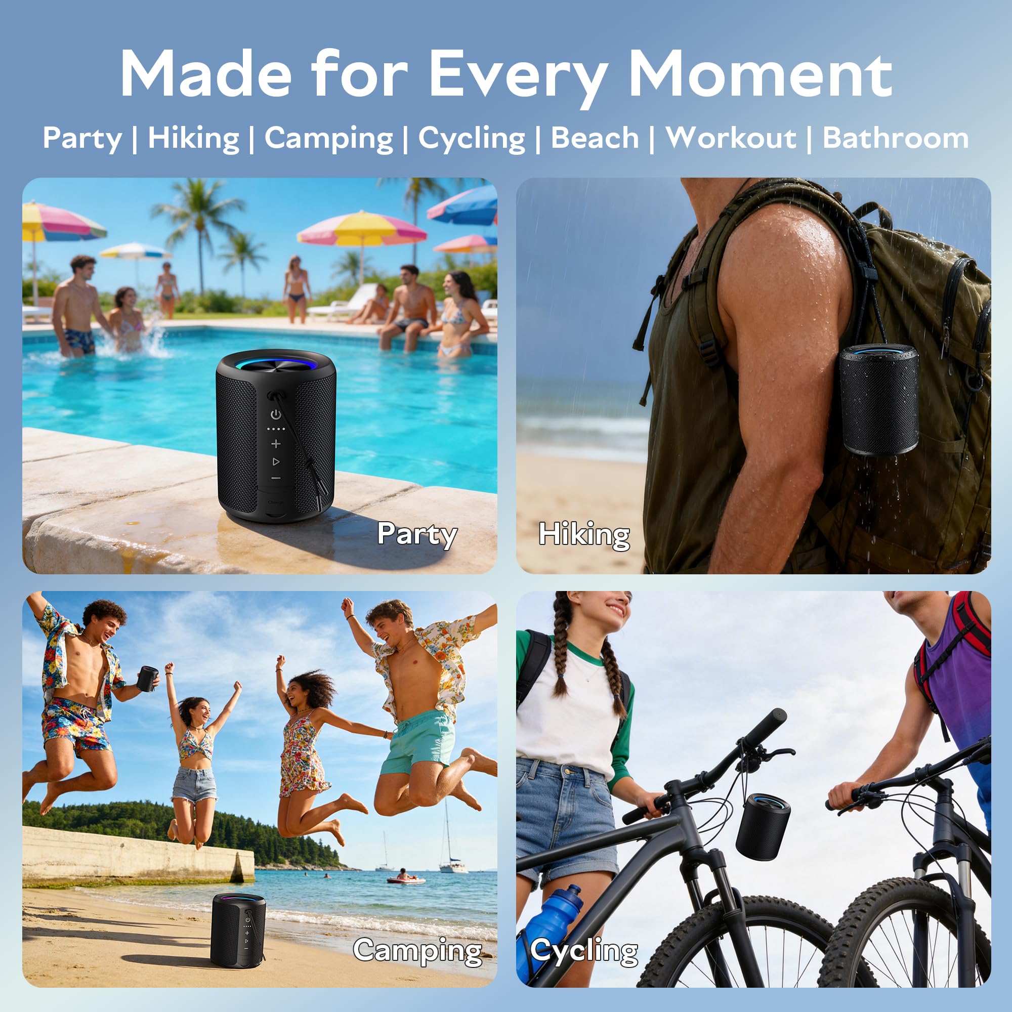 Enceinte Bluetooth Ultra-Portable sans Fil, Basses Percutante, 15 h d’autonomie, étanche IPX7, résistante à la poussière et aux Chocs, Portée Jusqu’à 20m, AUX, TF Carte, pour Fêtes Voyage